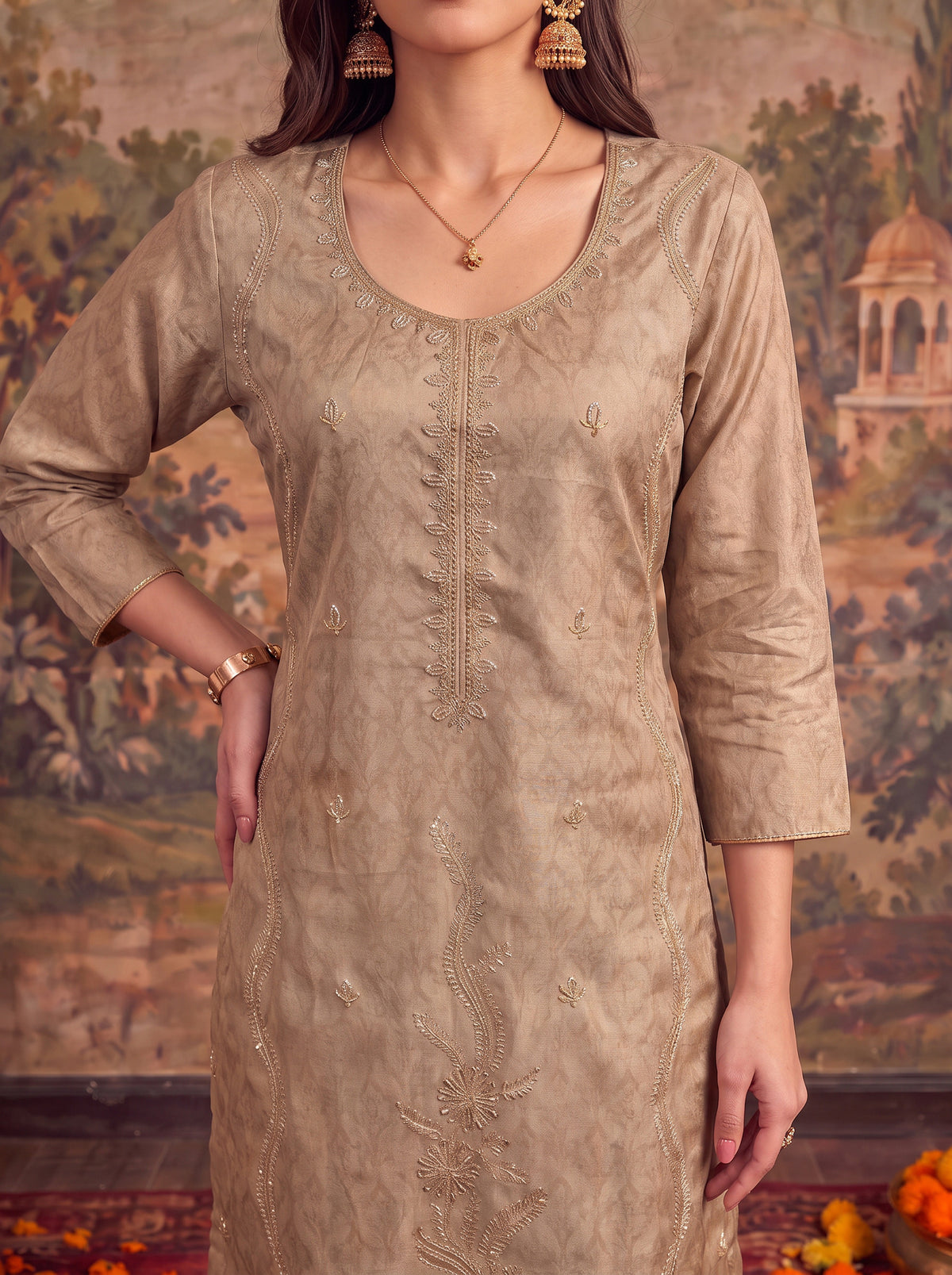Viscose Embroidered Straight Calf Length Kurta With Pant and Dupatta