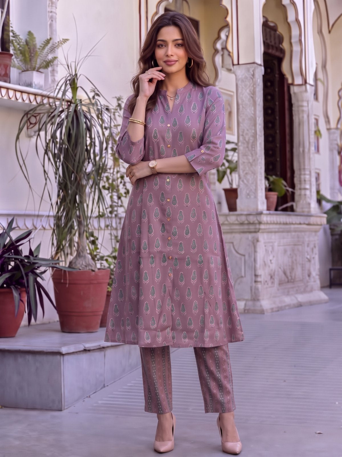 Viscose Printed A-Line Calf Length Kurta With Pant