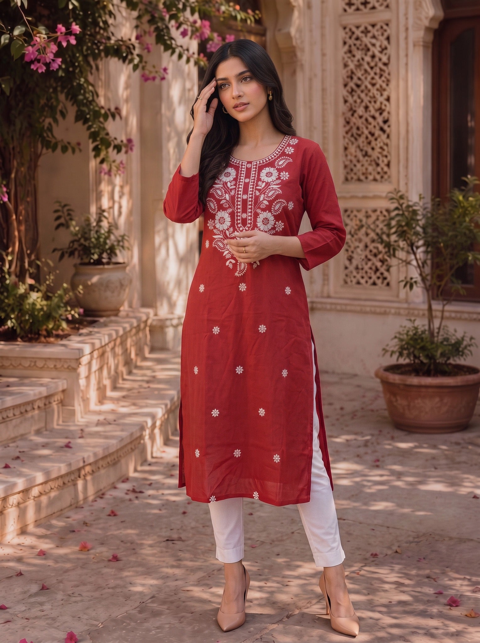 Rayon Embroidered Straight Knee Length Kurta