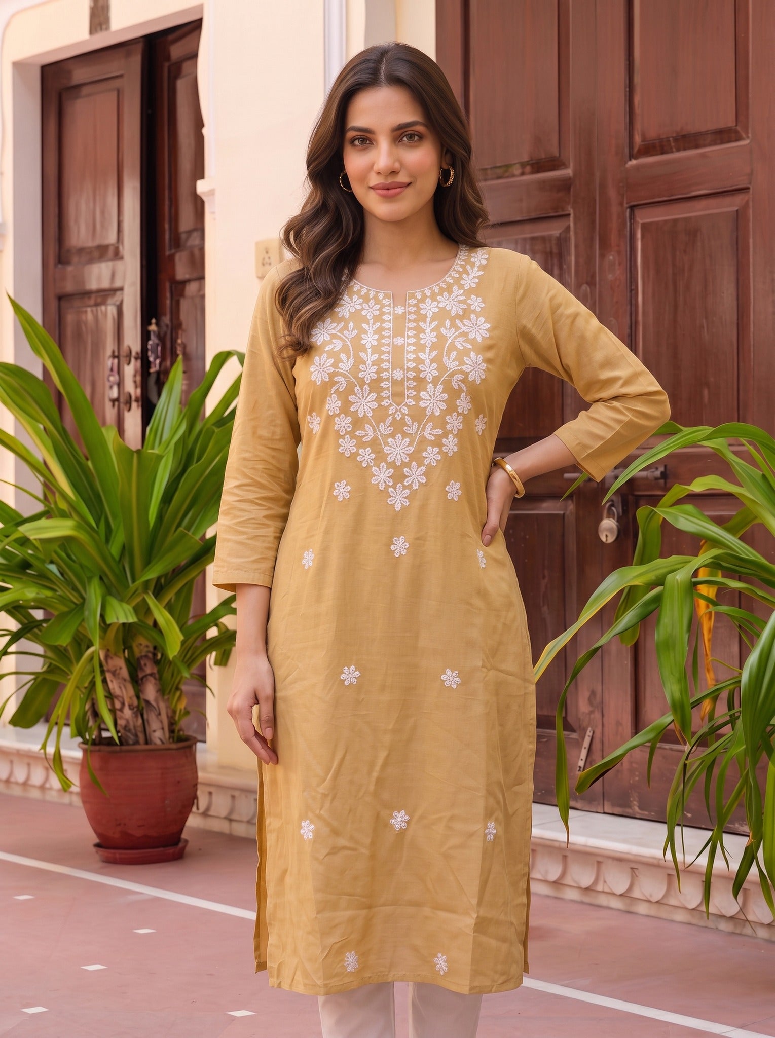 Rayon Embroidered Straight Knee Length Kurta