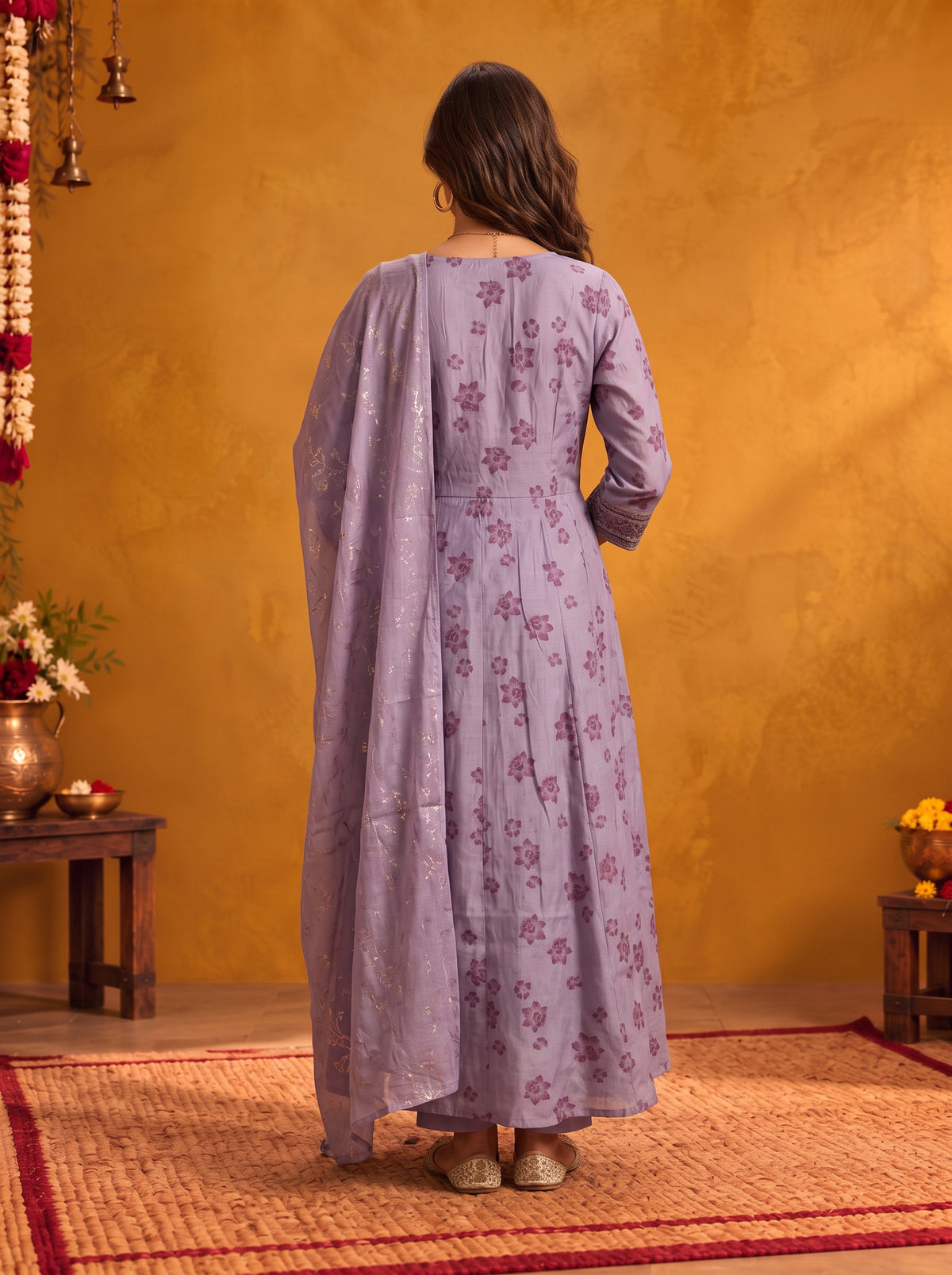 Buy Viscose Embroidered Flared Calf Length Kurta With Pant and Dupatta-Lavender
