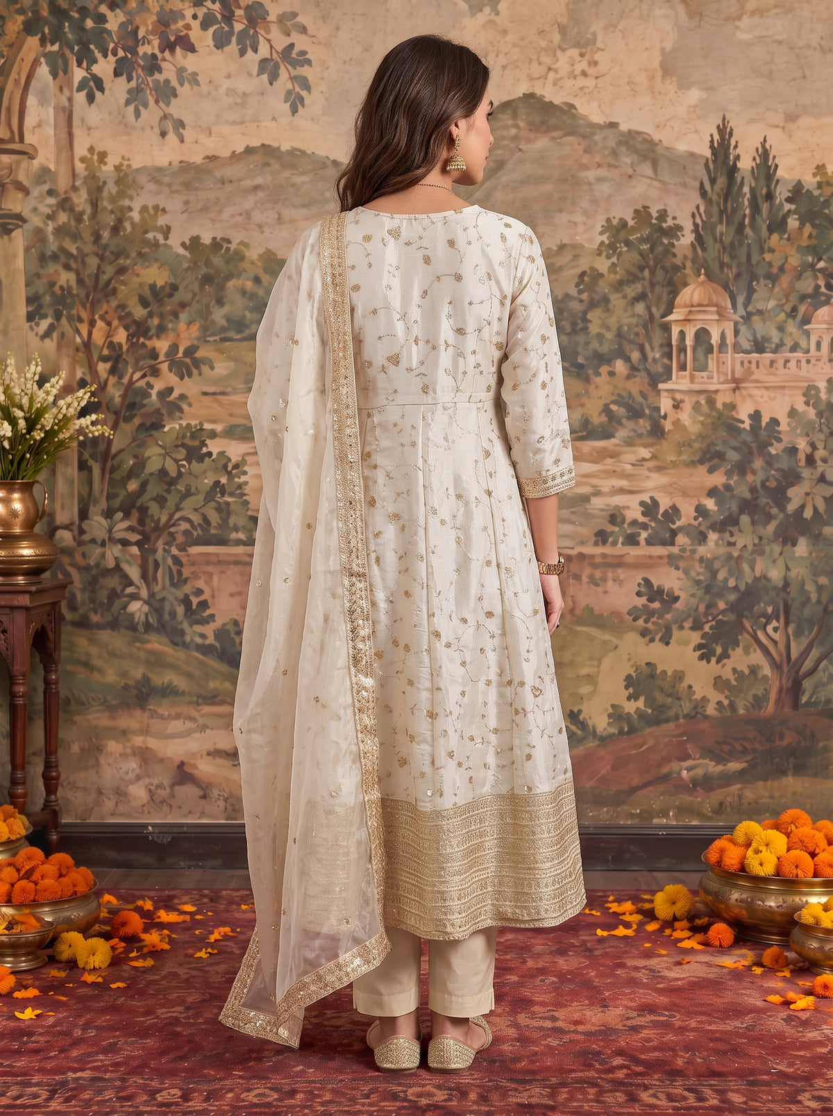 Viscose Embroidered Flared Calf Length Kurta With Pant and Dupatta