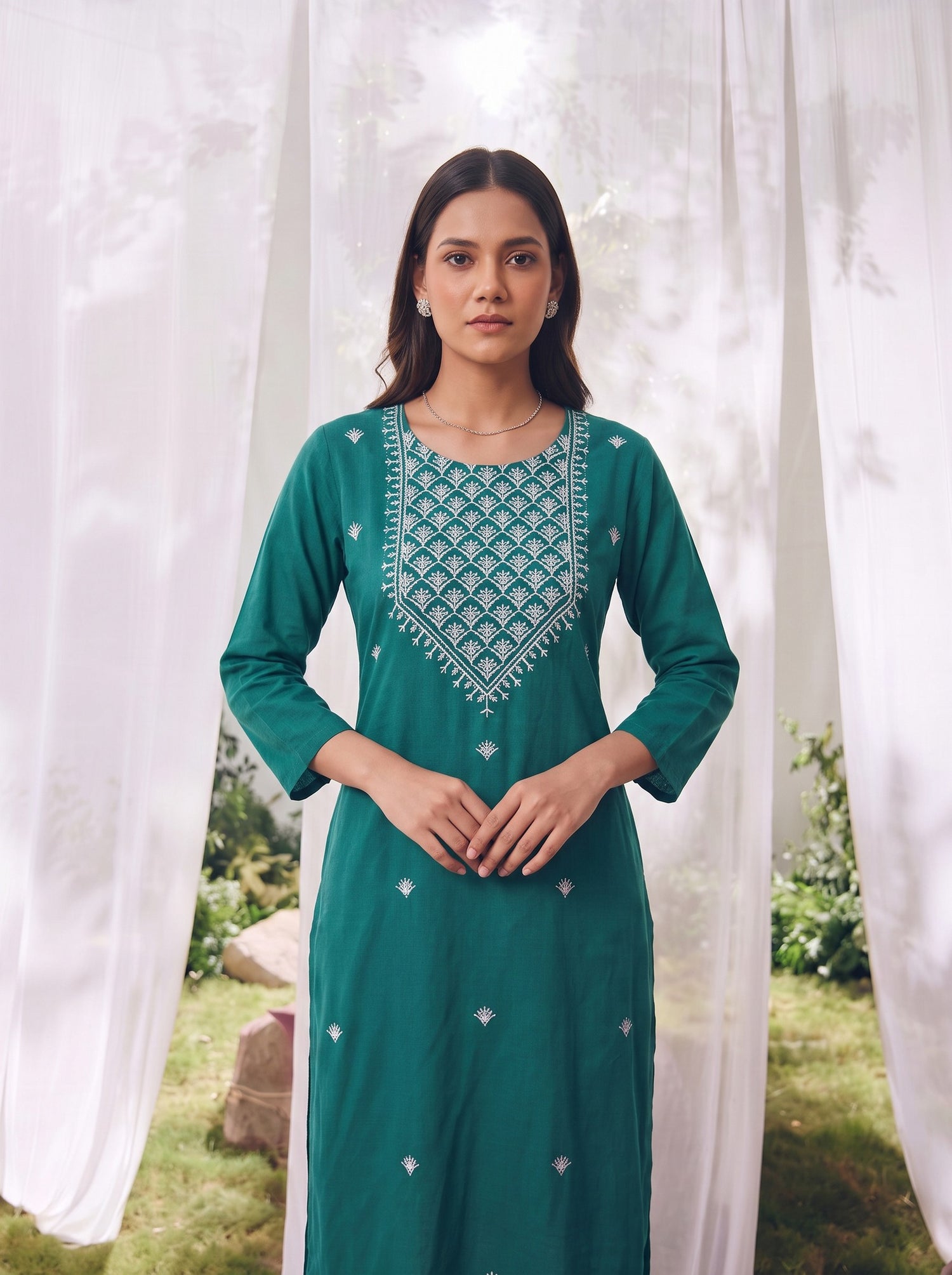 Buy Rayon Embroidered Straight Knee Length Kurta-Teal