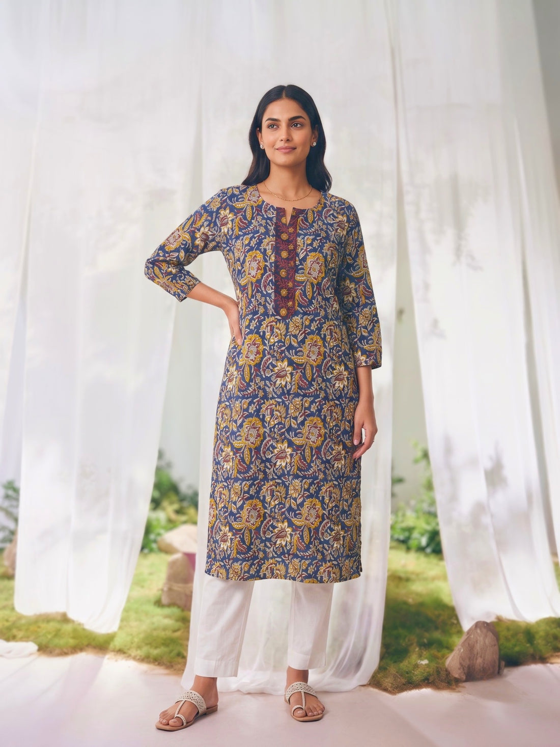 Buy Rayon Embroidered Straight Knee Length Kurta-Blue