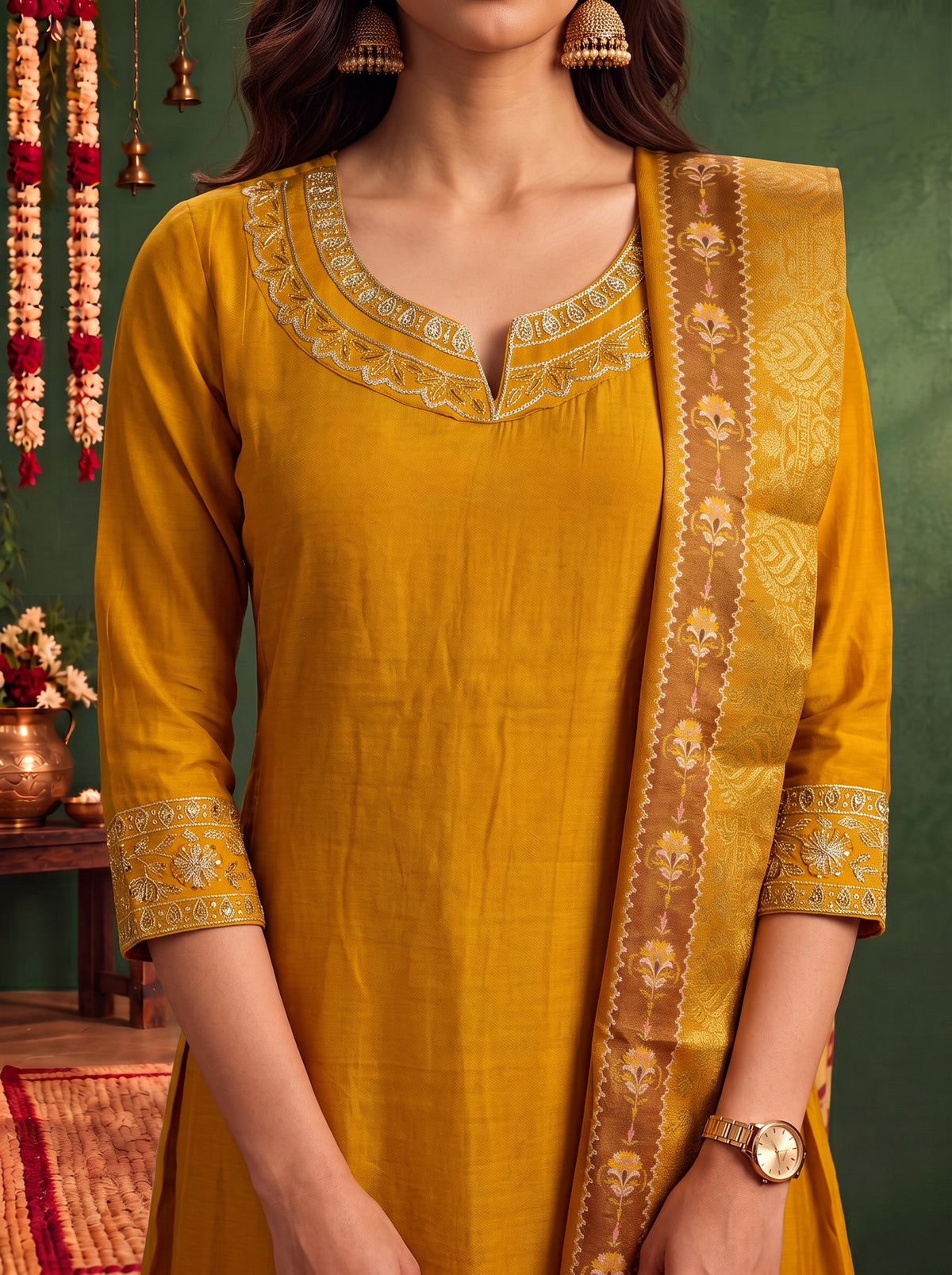 Viscose Embroidered Flared Calf Length Kurta With Pant and Dupatta