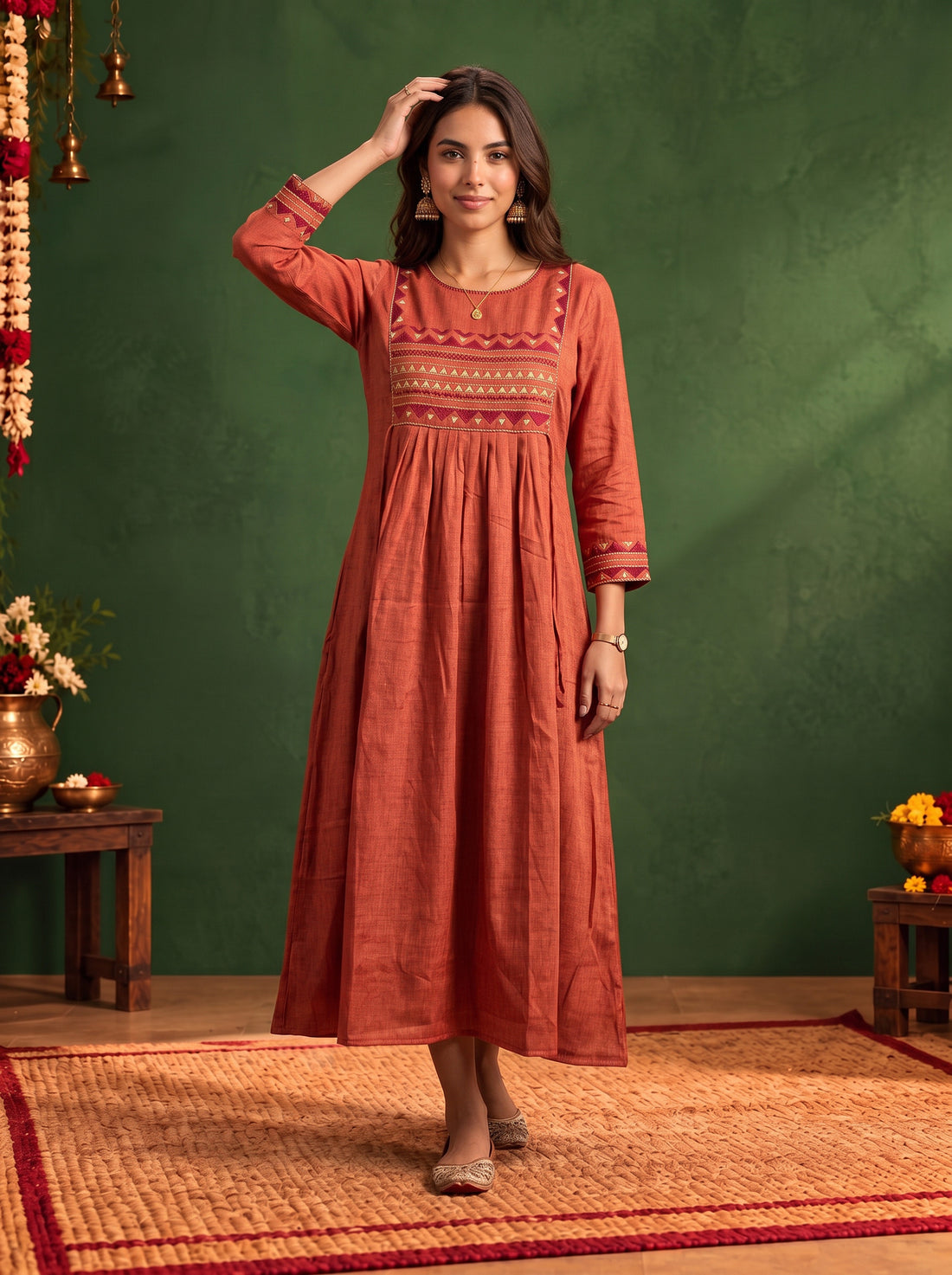 Buy Viscose Embroidered Flared Calf Length Dress-Maroon