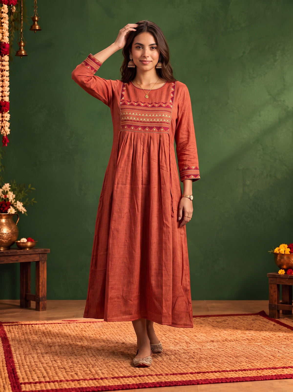 Viscose Embroidered Flared Calf Length Dress