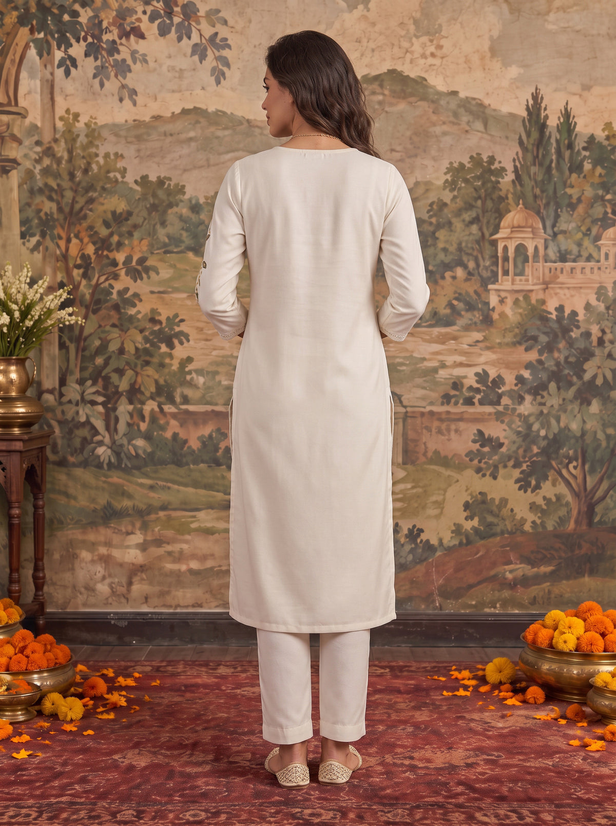 Buy Viscose Embroidered Straight Calf Length Kurta-Cream