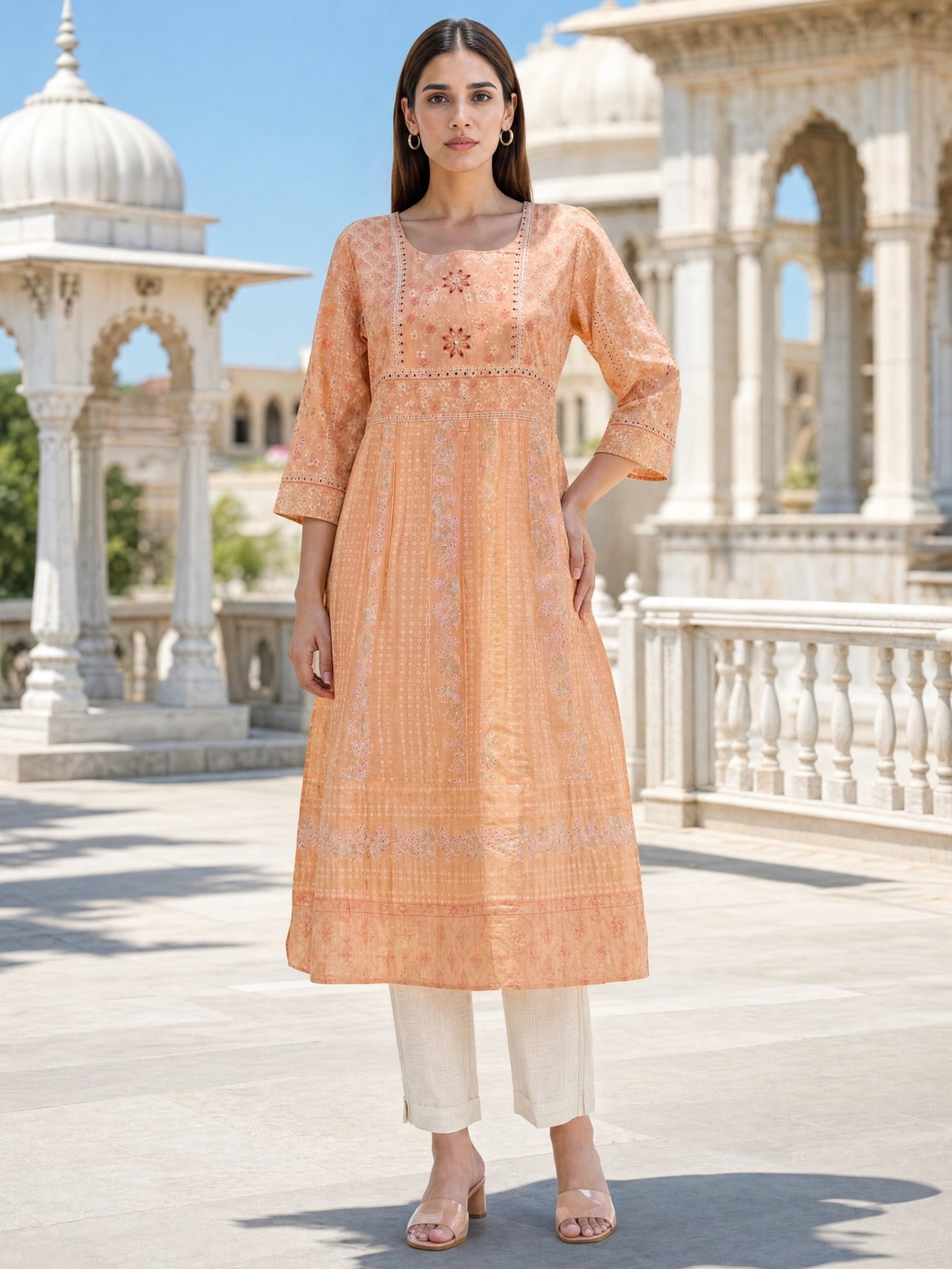 Cotton Embroidered Flared Calf Length Kurta