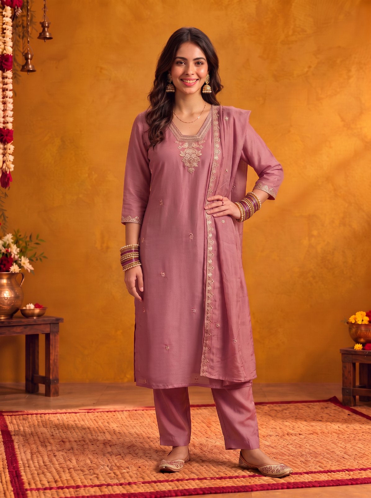 Chanderi Embroidered Straight Calf Length Kurta With Pant and Dupatta