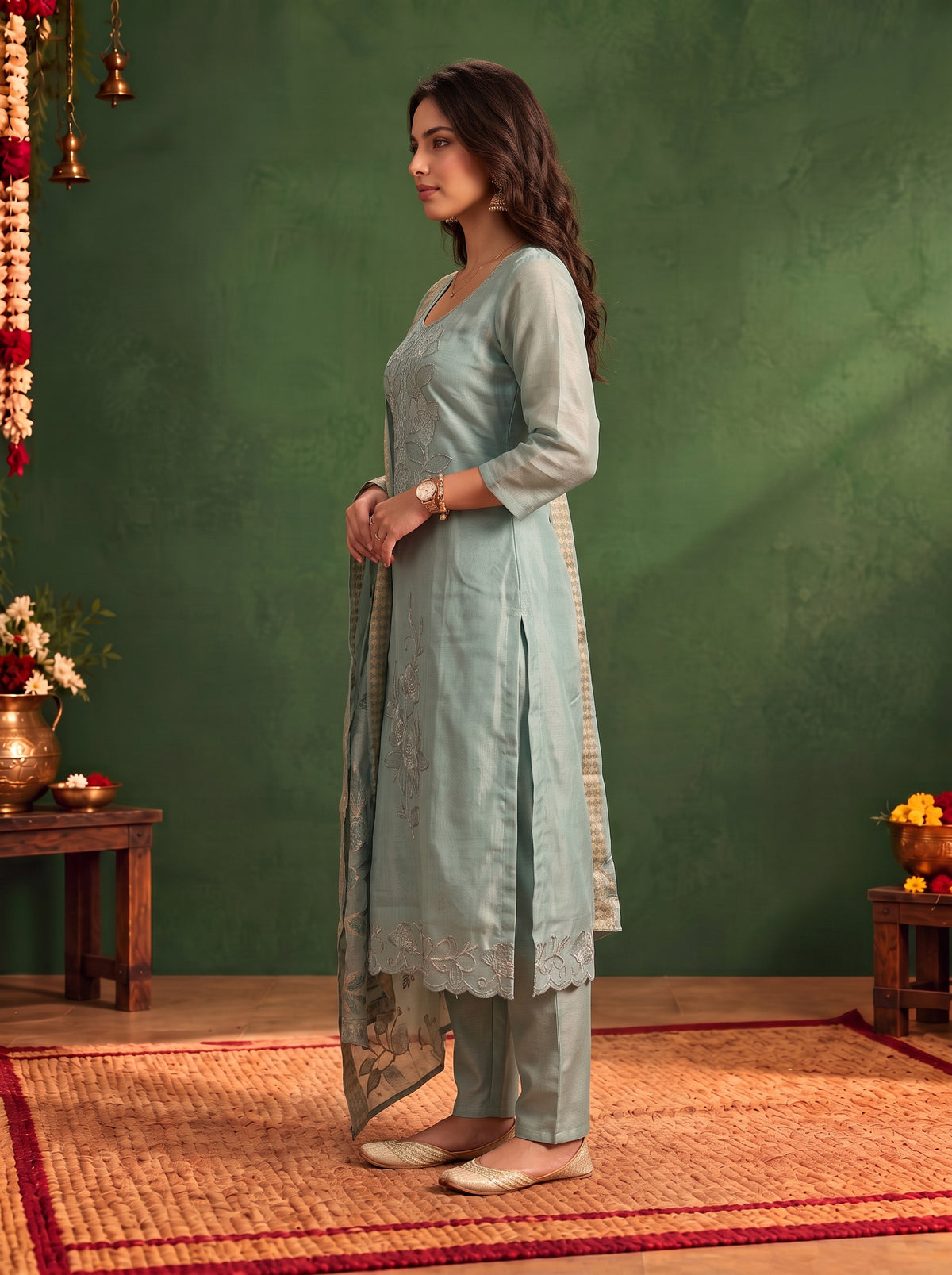 Buy Viscose Embroidered Straight Calf Length Kurta With Pant and Dupatta-Sea Green
