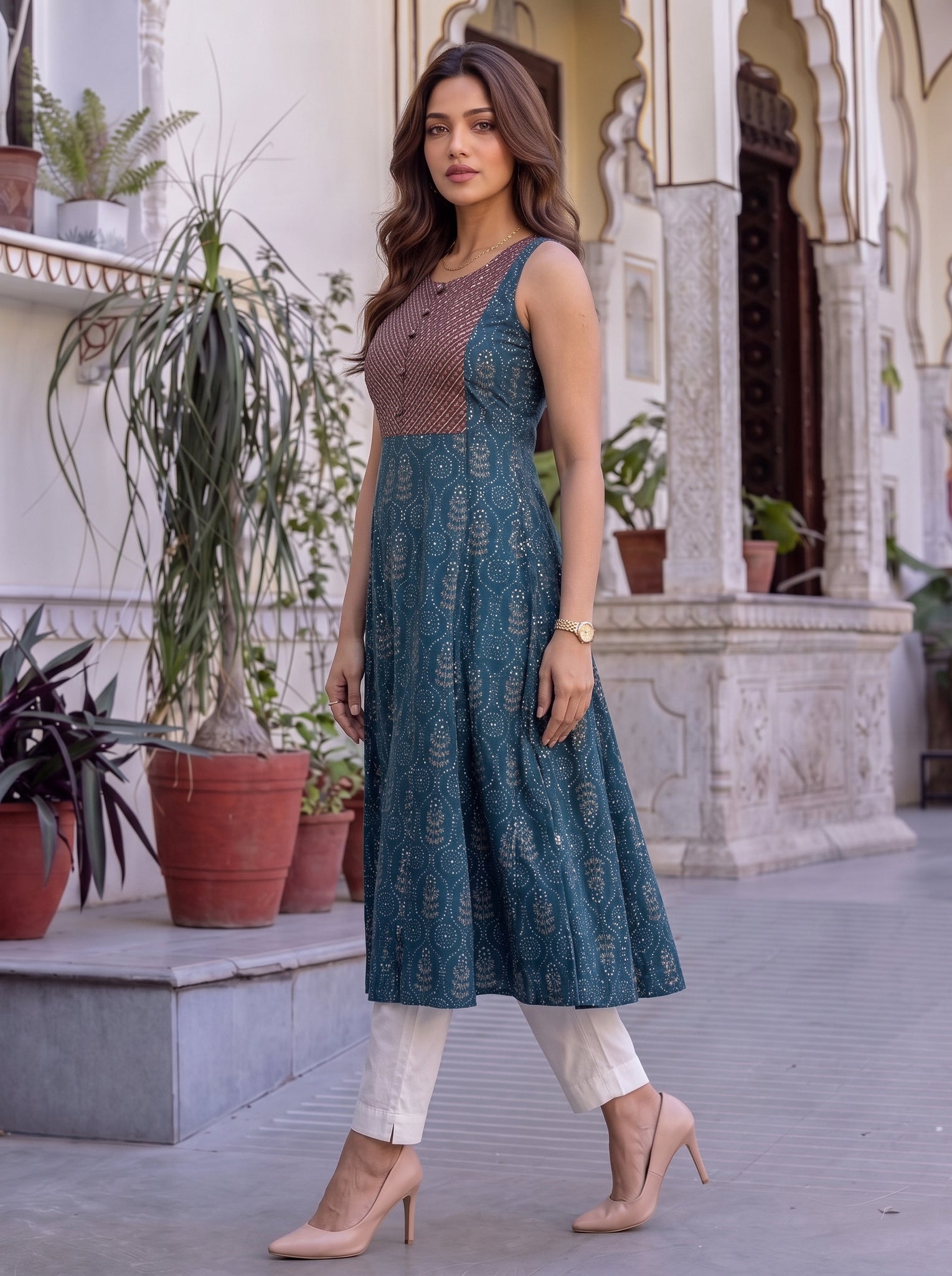 Chanderi Embroidered Flared Calf Length Kurta