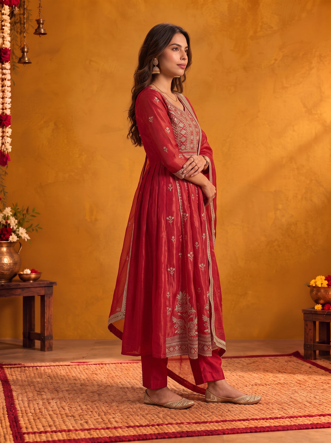 Buy Viscose Embroidered Flared Calf Length Kurta With Pant and Dupatta-Fuchsia