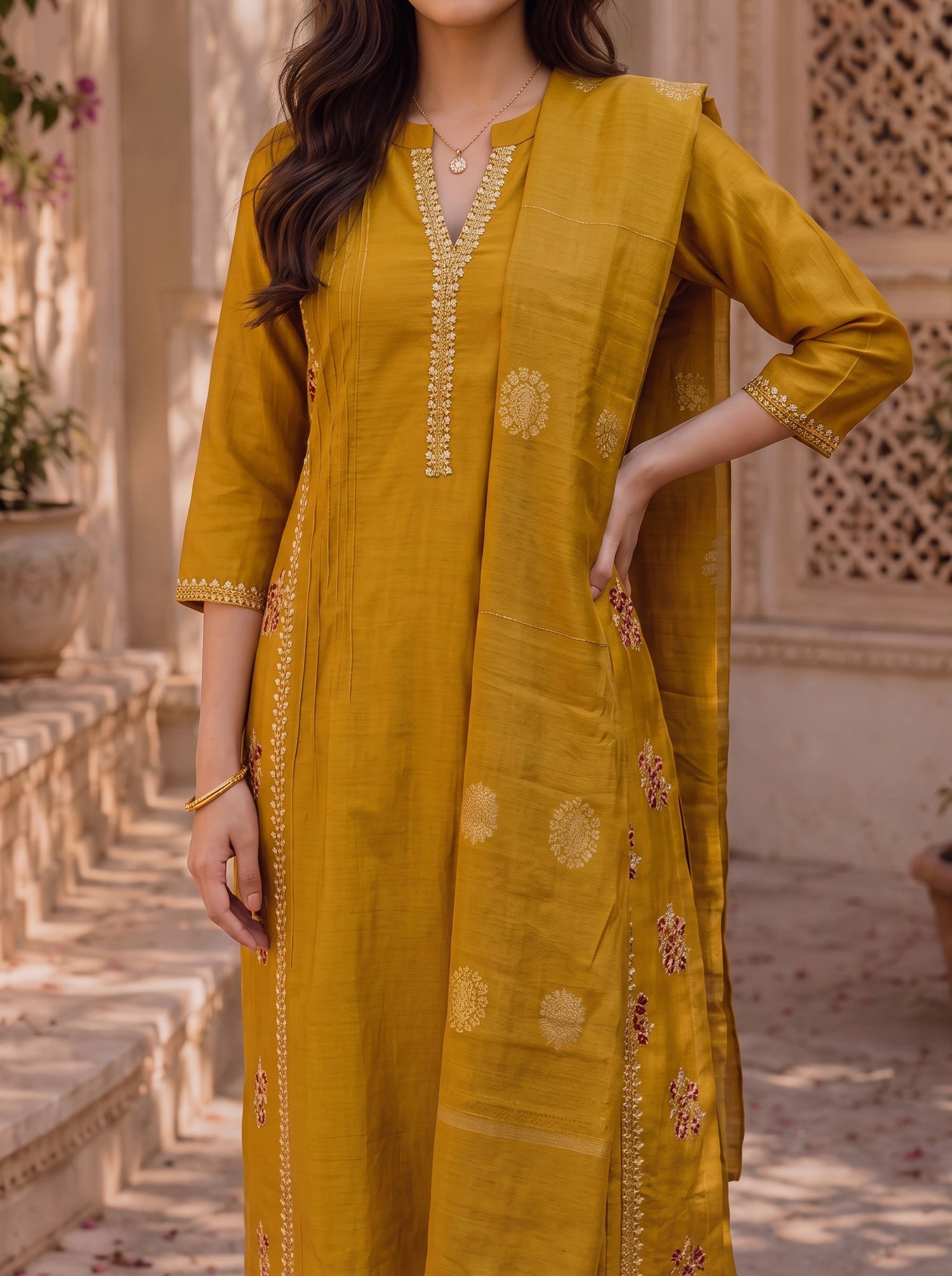Buy Viscose Embroidered Straight Calf Length Kurta With Pant-Mustard