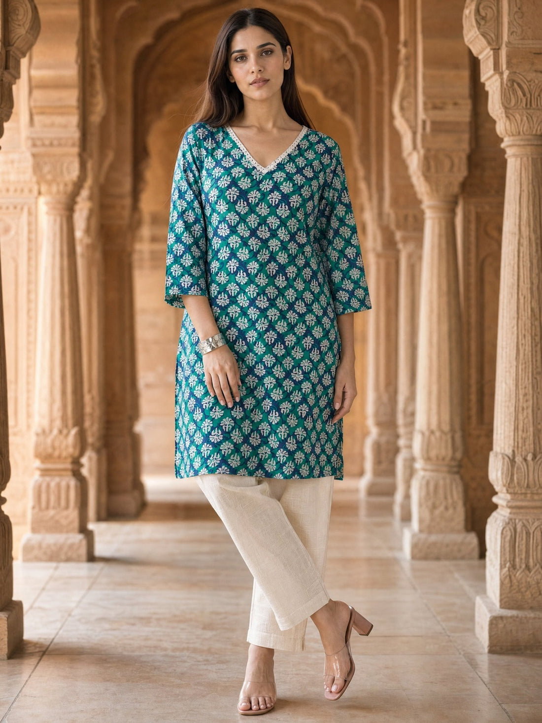 Buy Cotton Printed Straight Knee Length Kurta-Green