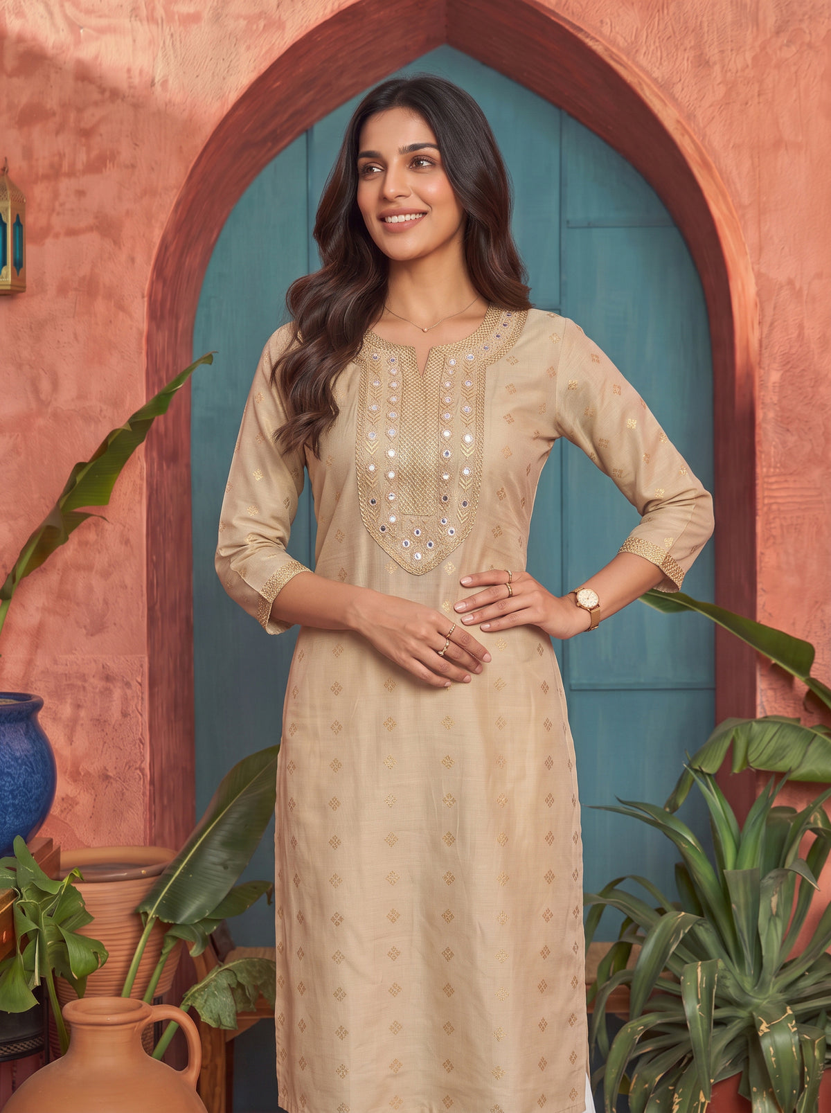 Buy Viscose Embroidered Straight Calf Length Kurta-Beige