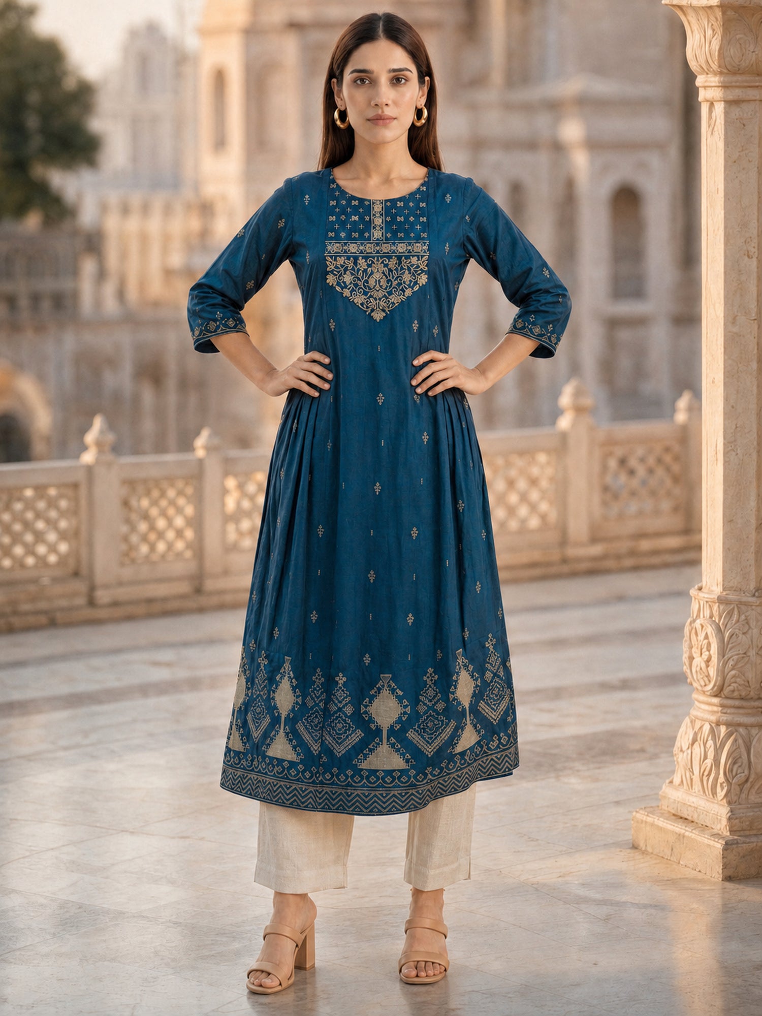 Buy Viscose Embroidered Flared Calf Length Kurta-Navy Blue