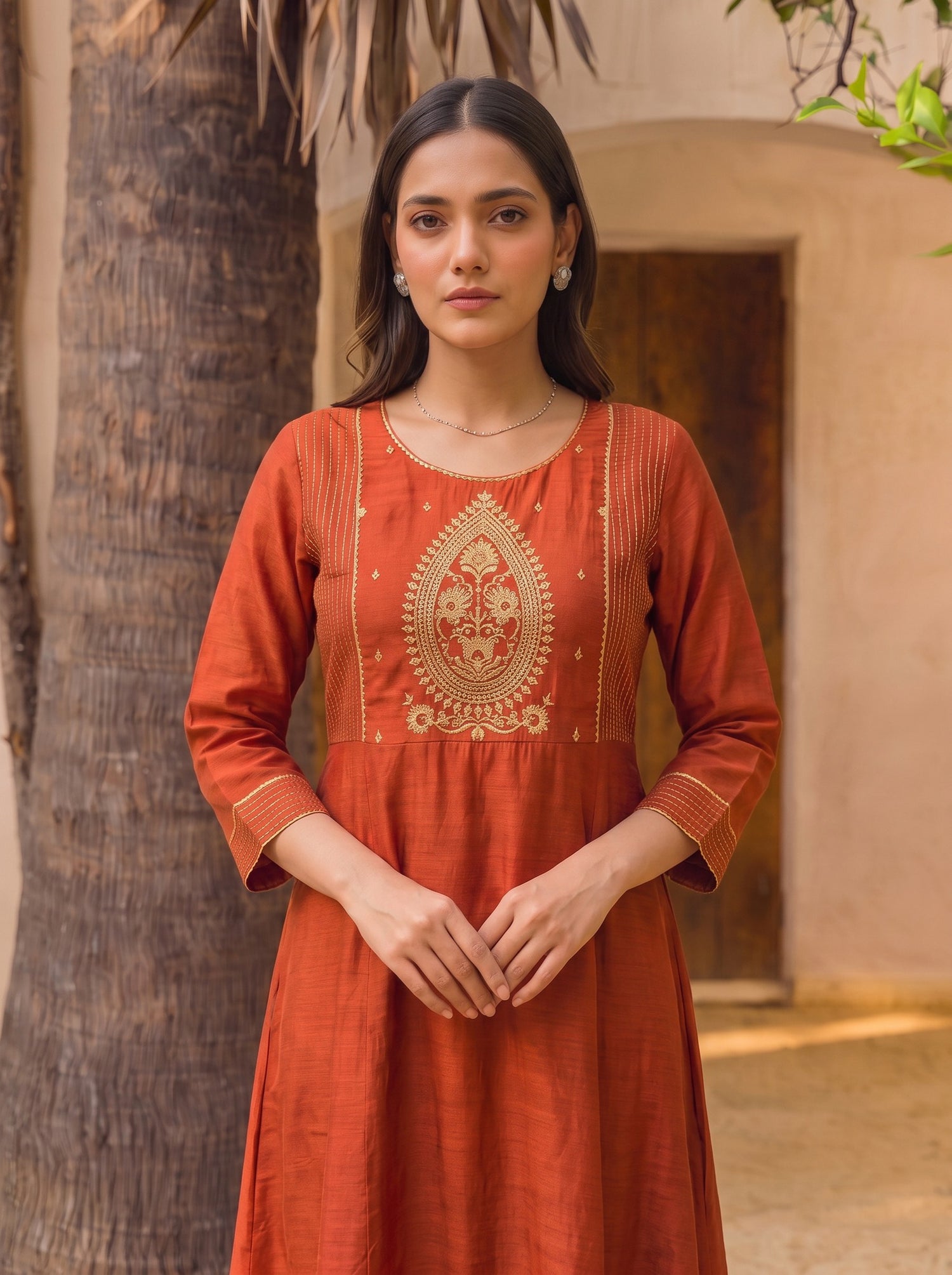 Buy Viscose Embroidered Straight Calf Length Kurta-Rust