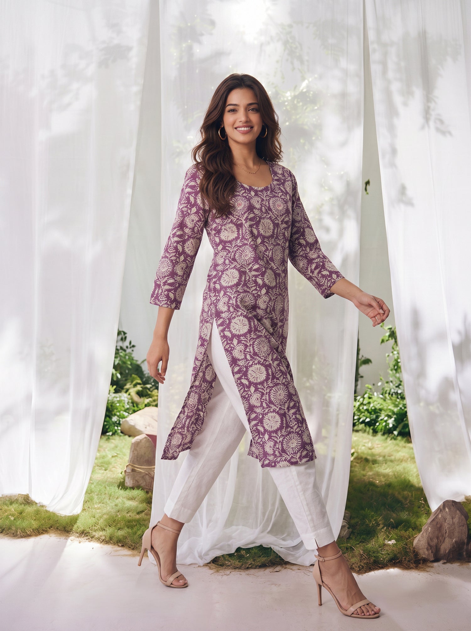Buy Cotton Printed Straight Calf Length Kurta-Purple