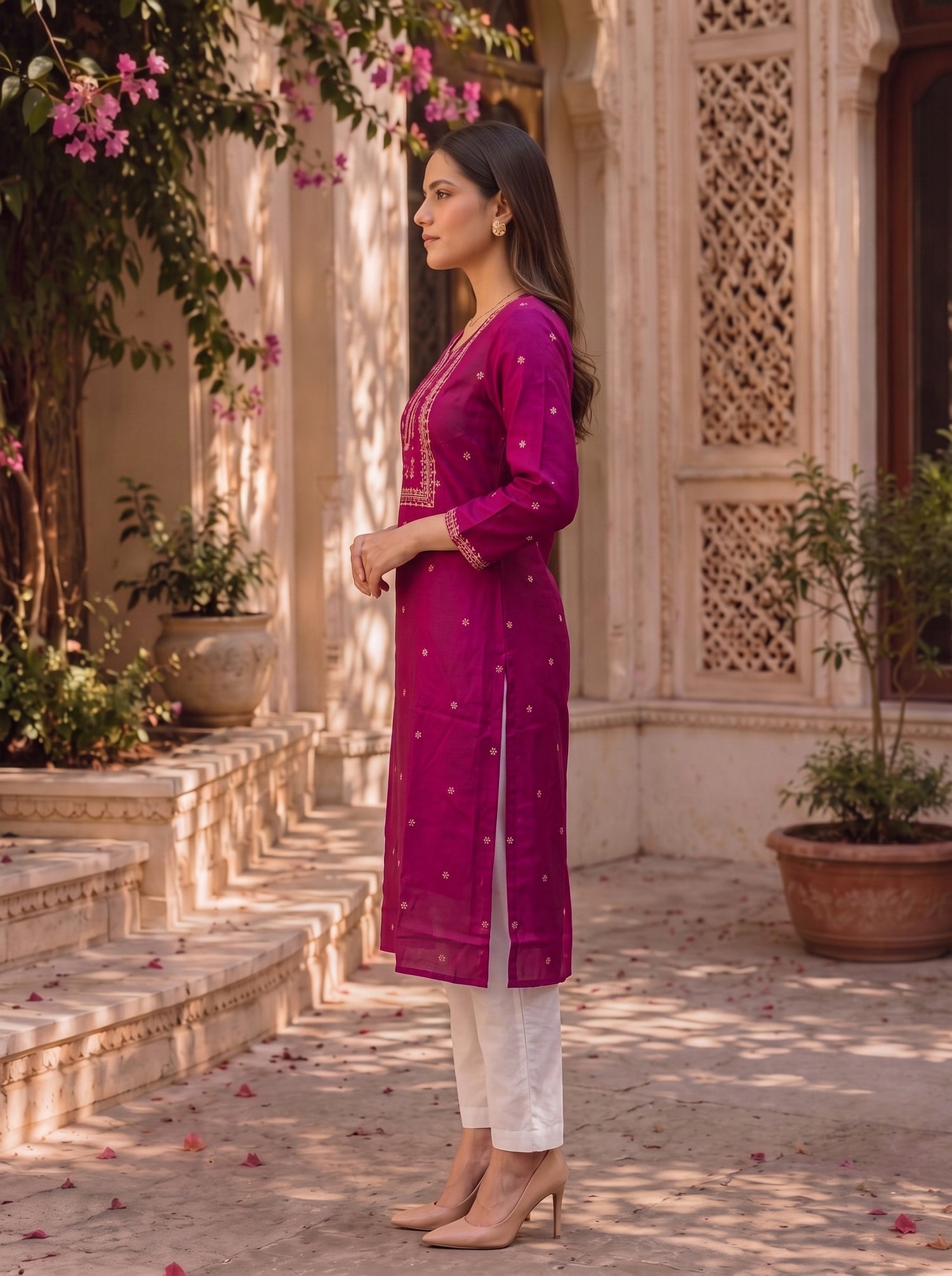 Buy Rayon Embroidered Straight Calf Length Kurta-Pink