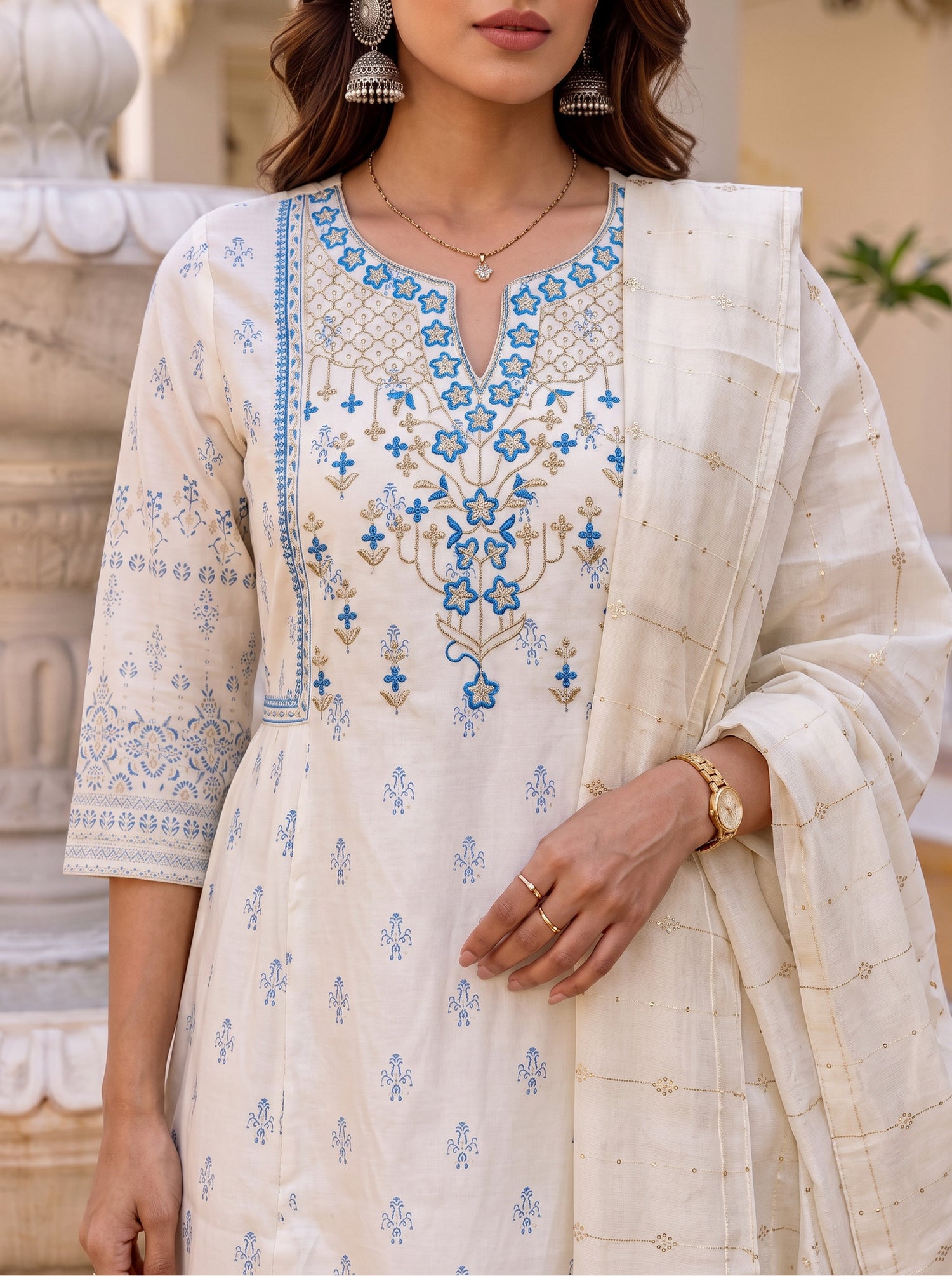 Buy Viscose Embroidered Flared Calf Length Kurta With Pant-Off White