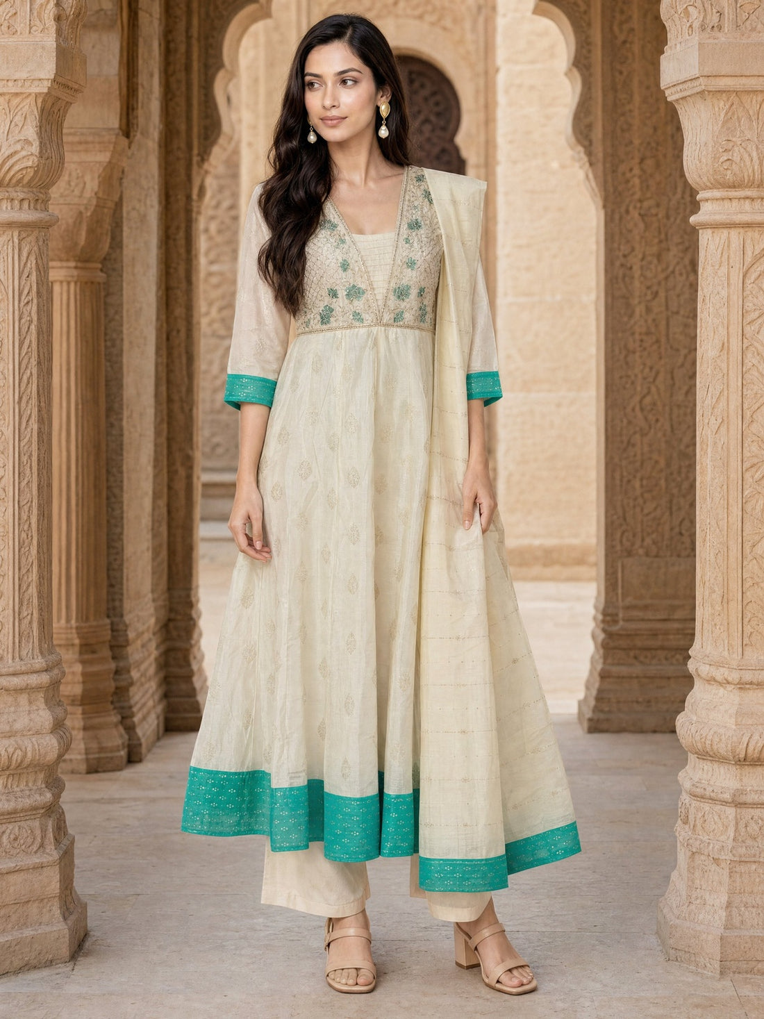 Buy Viscose Embroidered Anarkali Calf Length Kurta With Pant and Dupatta-Off White