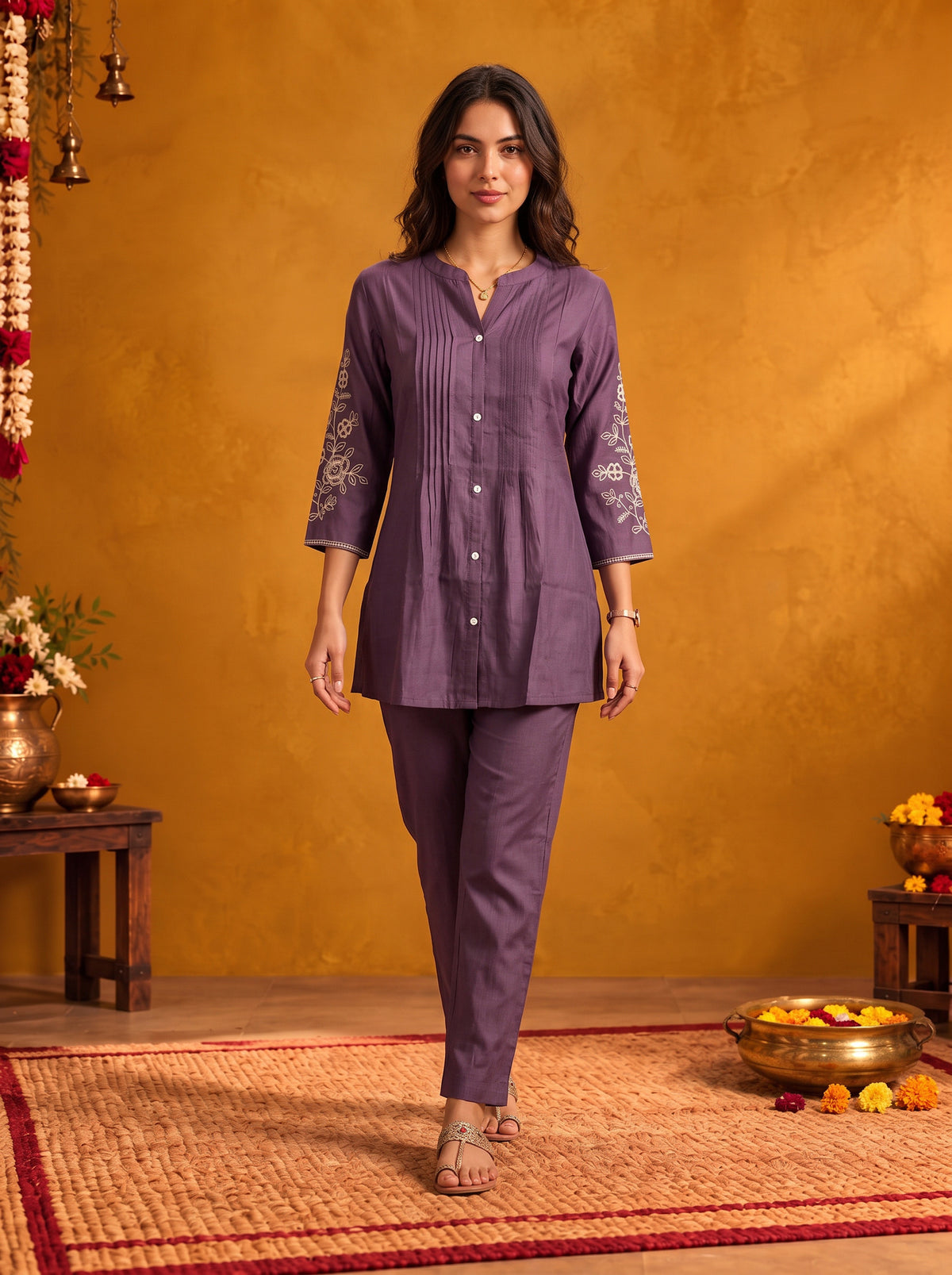 Buy Viscose Embroidered Straight Thigh Length Kurta With Pant-Lavender