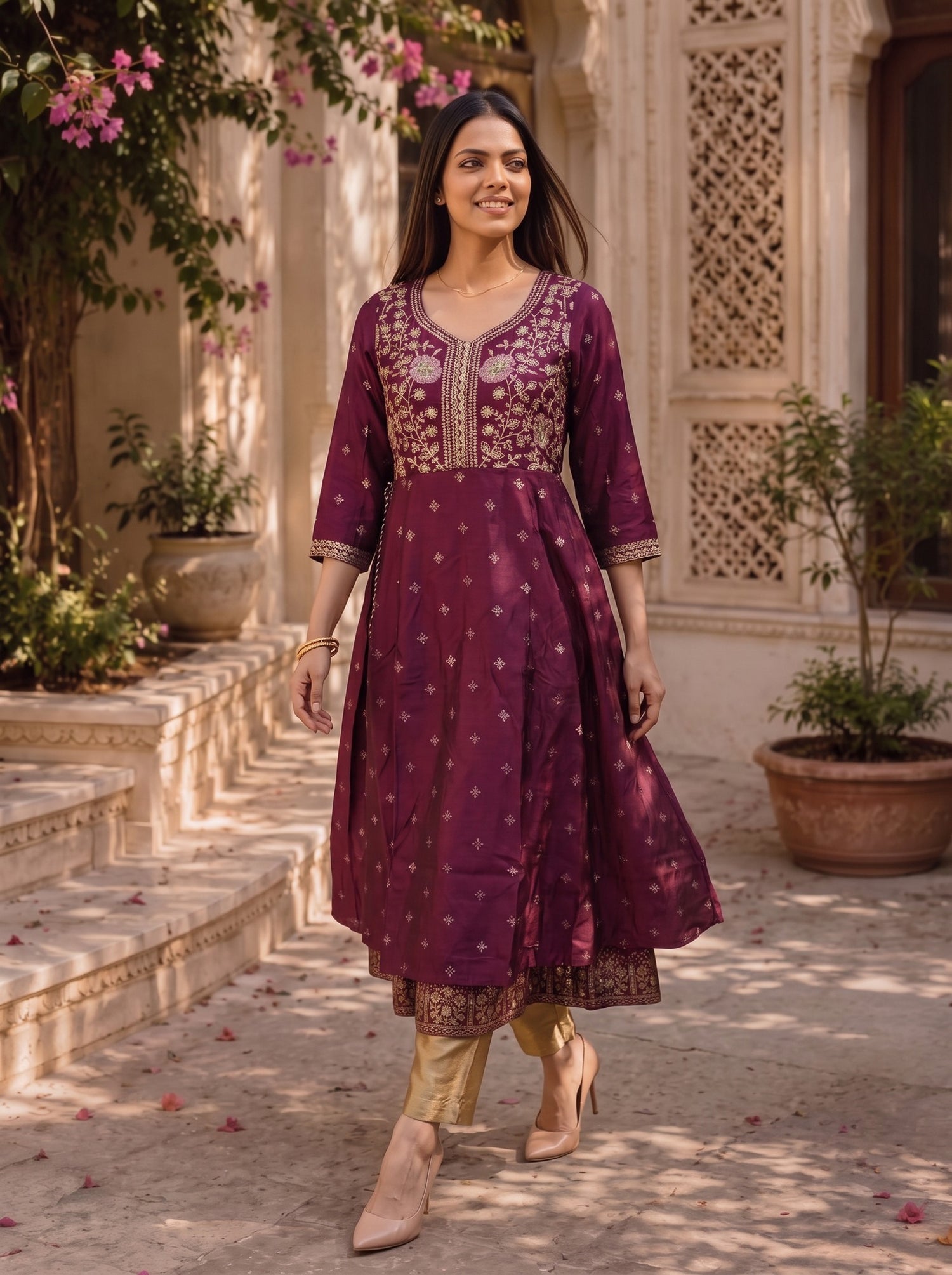 Buy Rayon Embroidered Straight Calf Length Kurta-Maroon