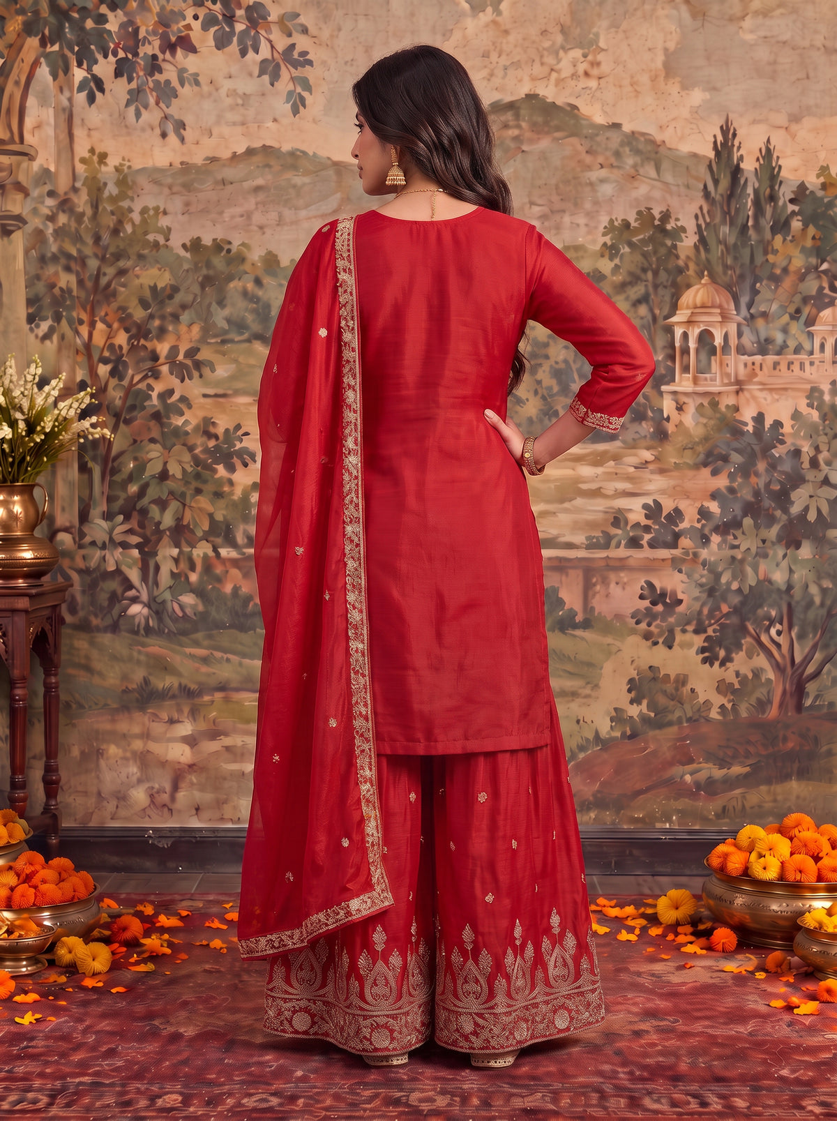 Buy Viscose Embroidered Straight Thigh Length Kurta With Palazzo and Dupatta-Fuchsia