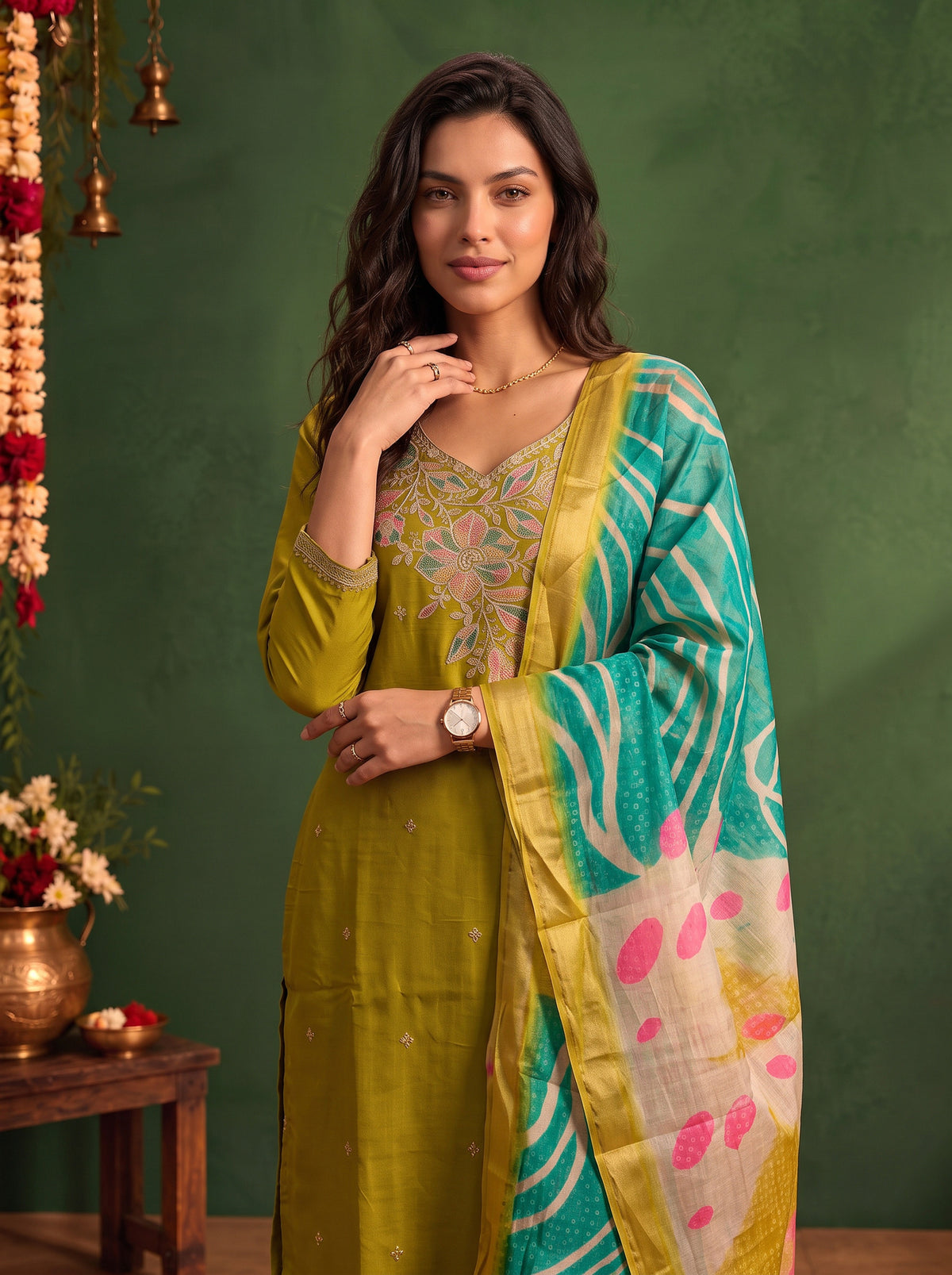 Viscose Embroidered Straight Calf Length Kurta With Pant and Dupatta