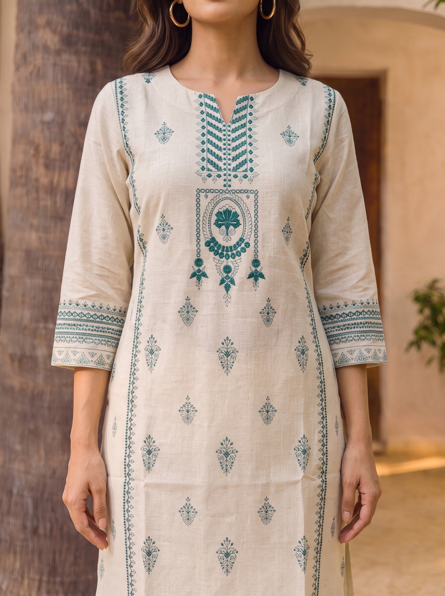 Buy Cotton Embroidered Straight Calf Length Kurta-Teal