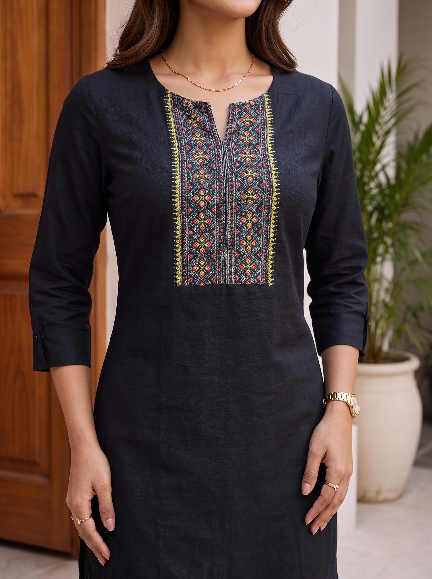 Buy Rayon Embroidered Straight Calf Length Kurta-Black