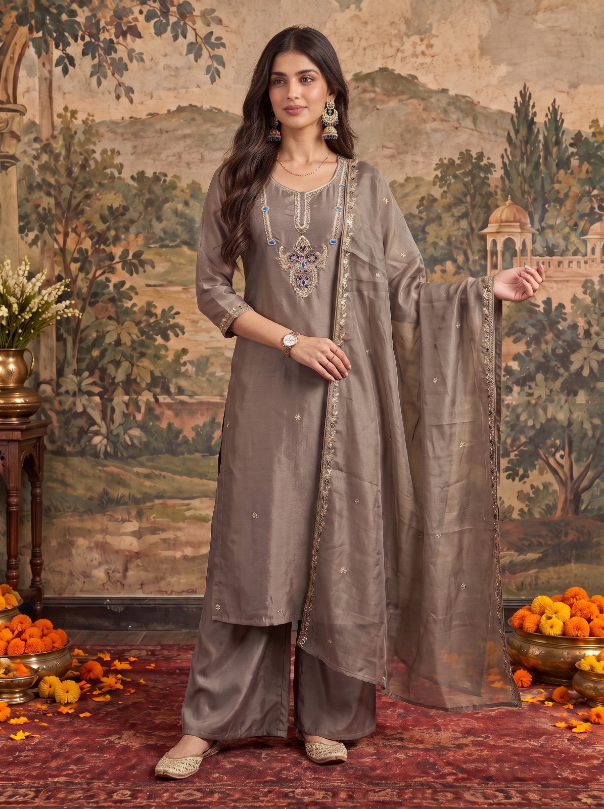 Viscose Embroidered Straight Calf Length Kurta With Pant and Dupatta