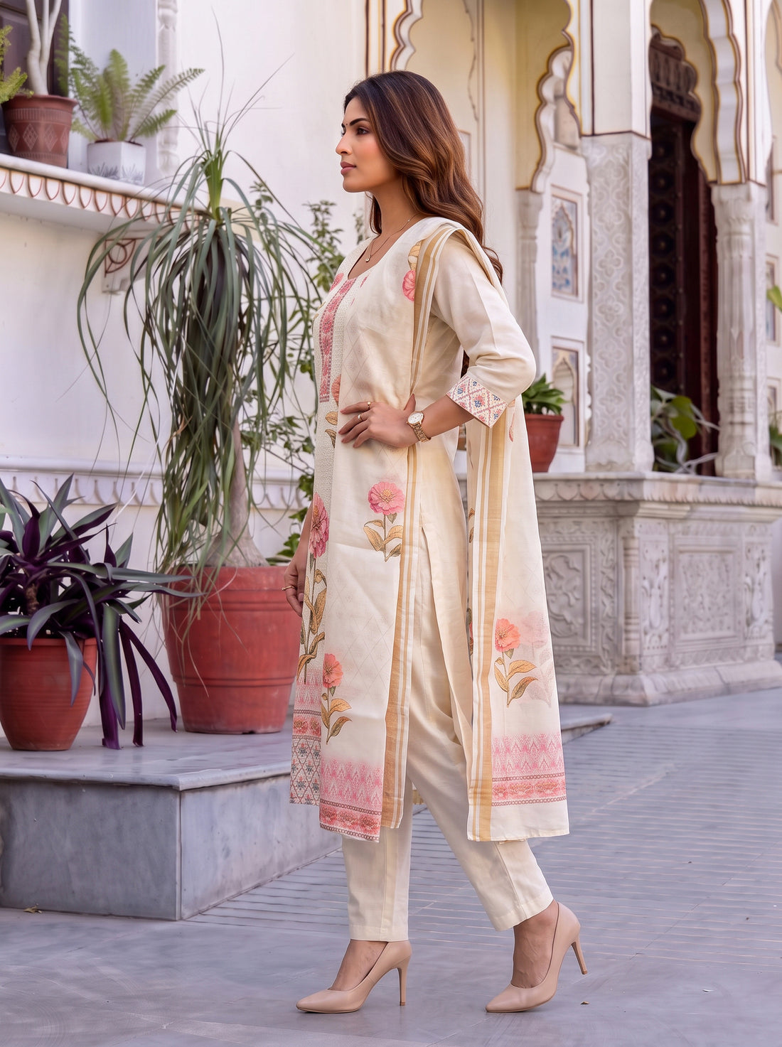 Buy Viscose Embroidered Straight Calf Length Kurta With Pant-Off White