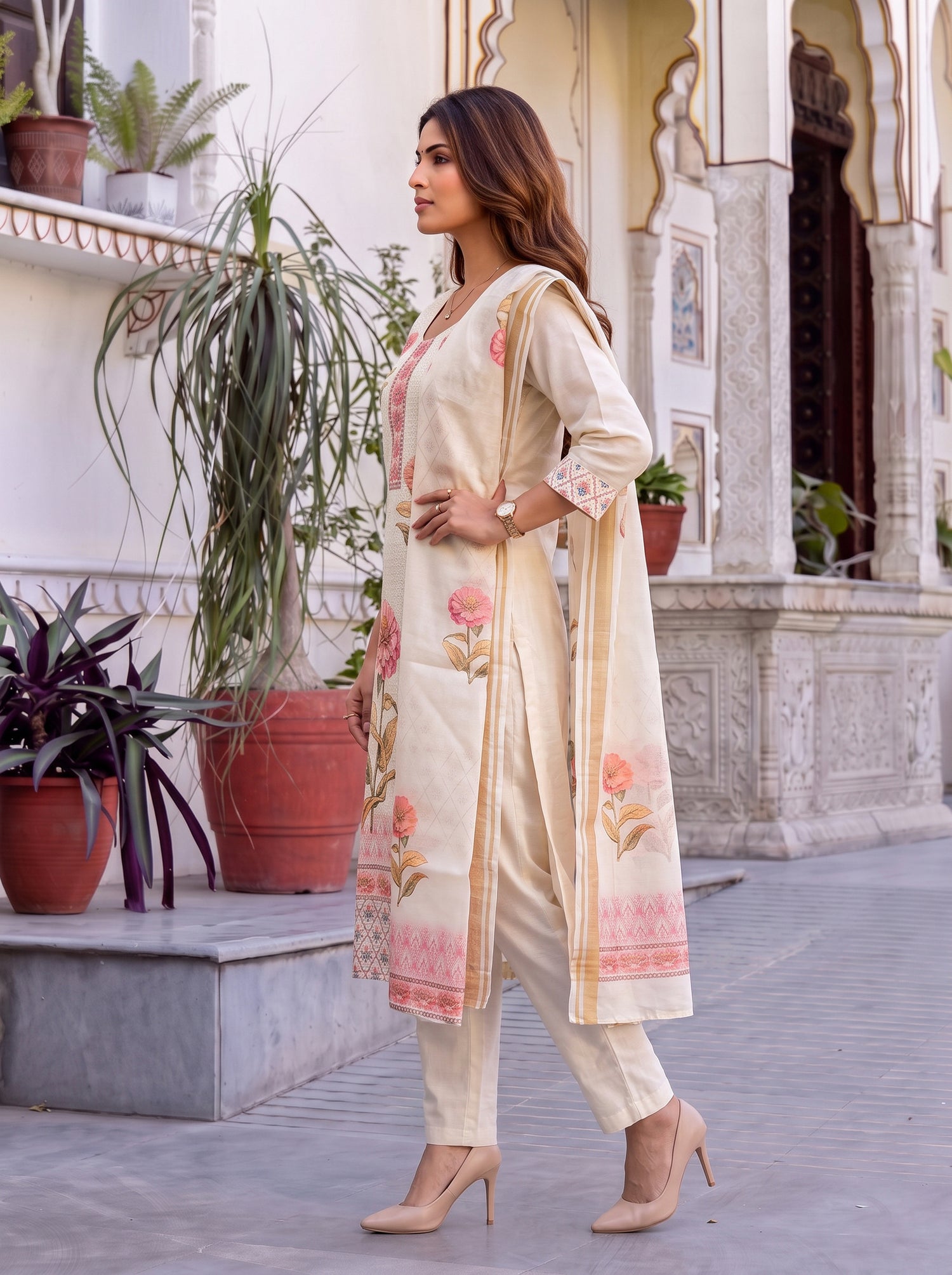 Buy Viscose Embroidered Straight Calf Length Kurta With Pant-Off White