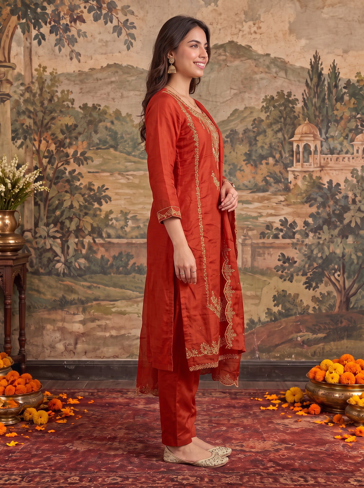 Chanderi Embroidered Straight Calf Length Kurta With Pant and Dupatta