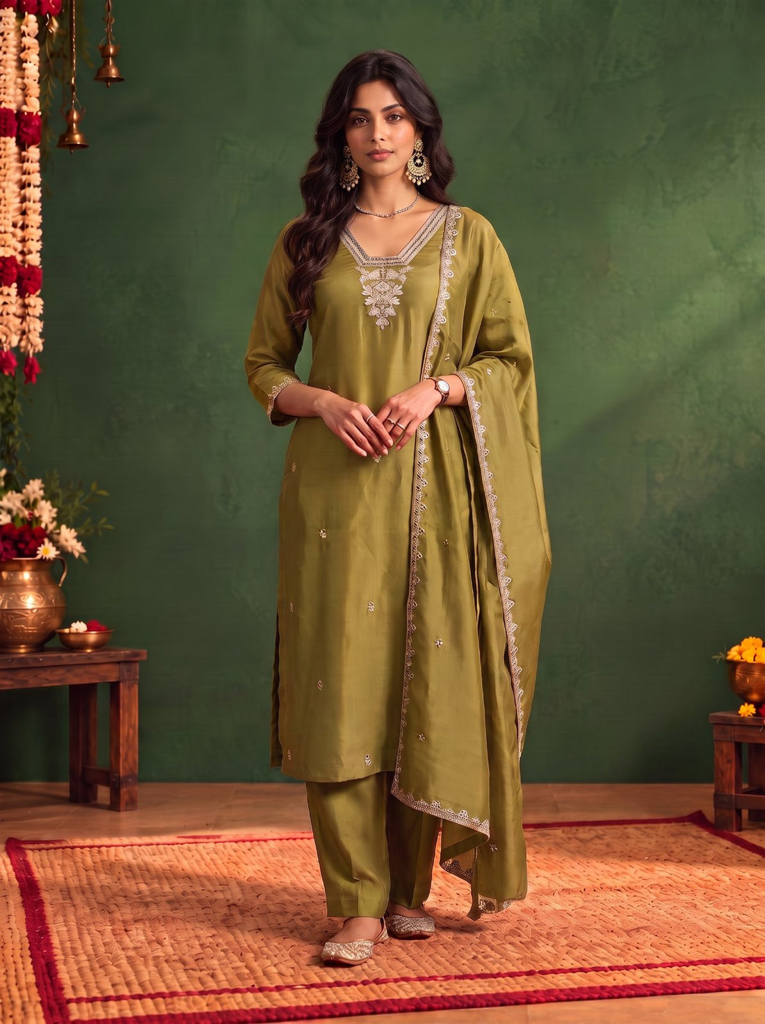 Buy Chanderi Embroidered Straight Calf Length Kurta With Pant and Dupatta-Olive Green