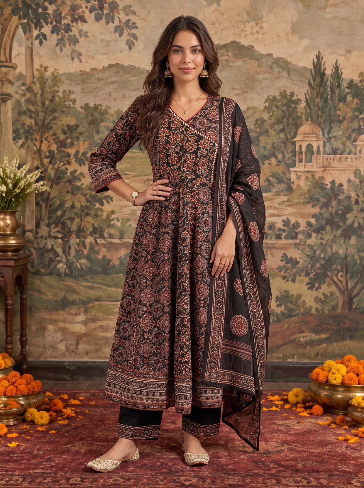 Buy Cotton Printed Flared Calf Length Kurta With Pant and Dupatta-Black