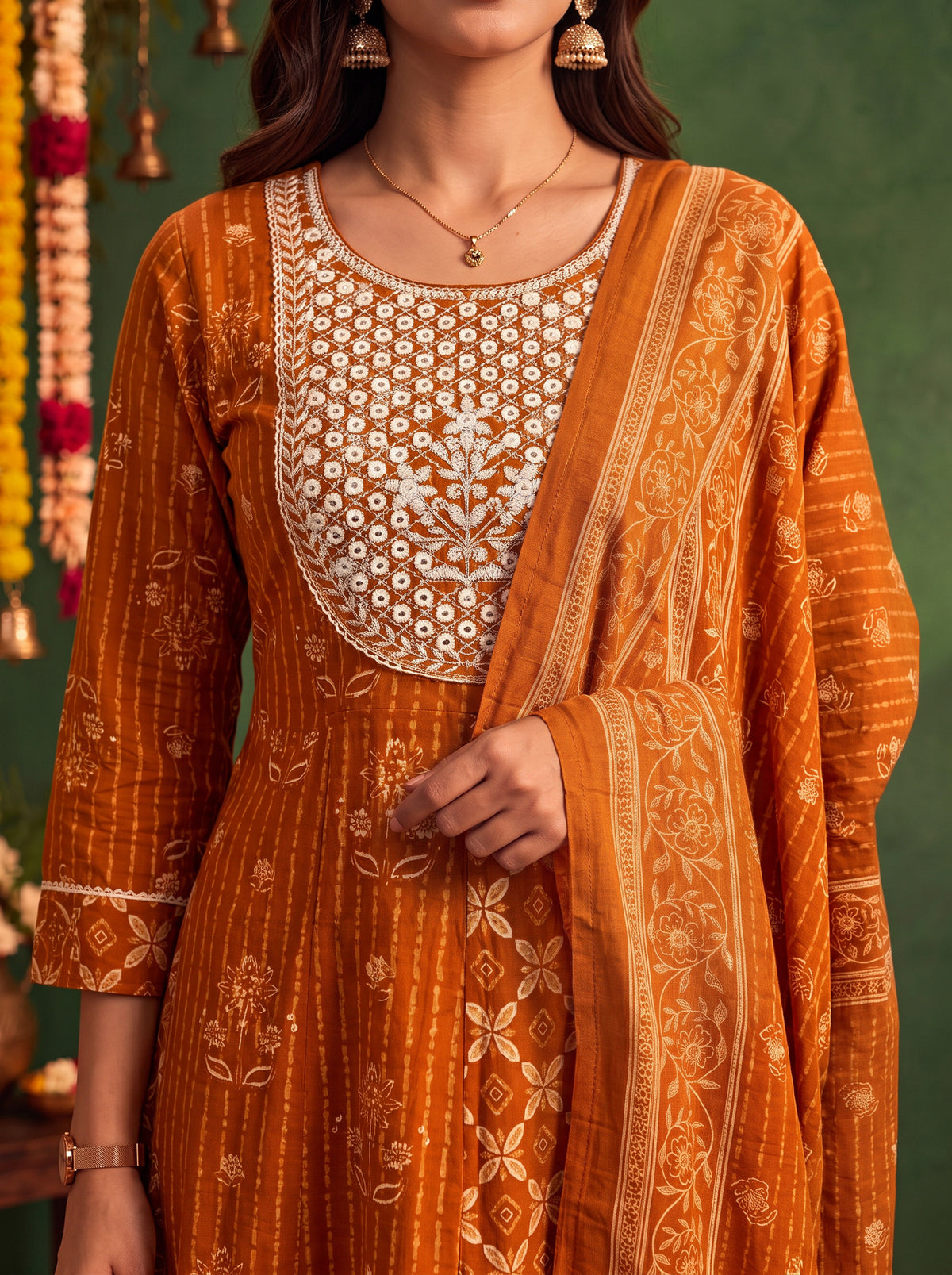 Cotton Embroidered Flared Calf Length Kurta With Pant and Dupatta