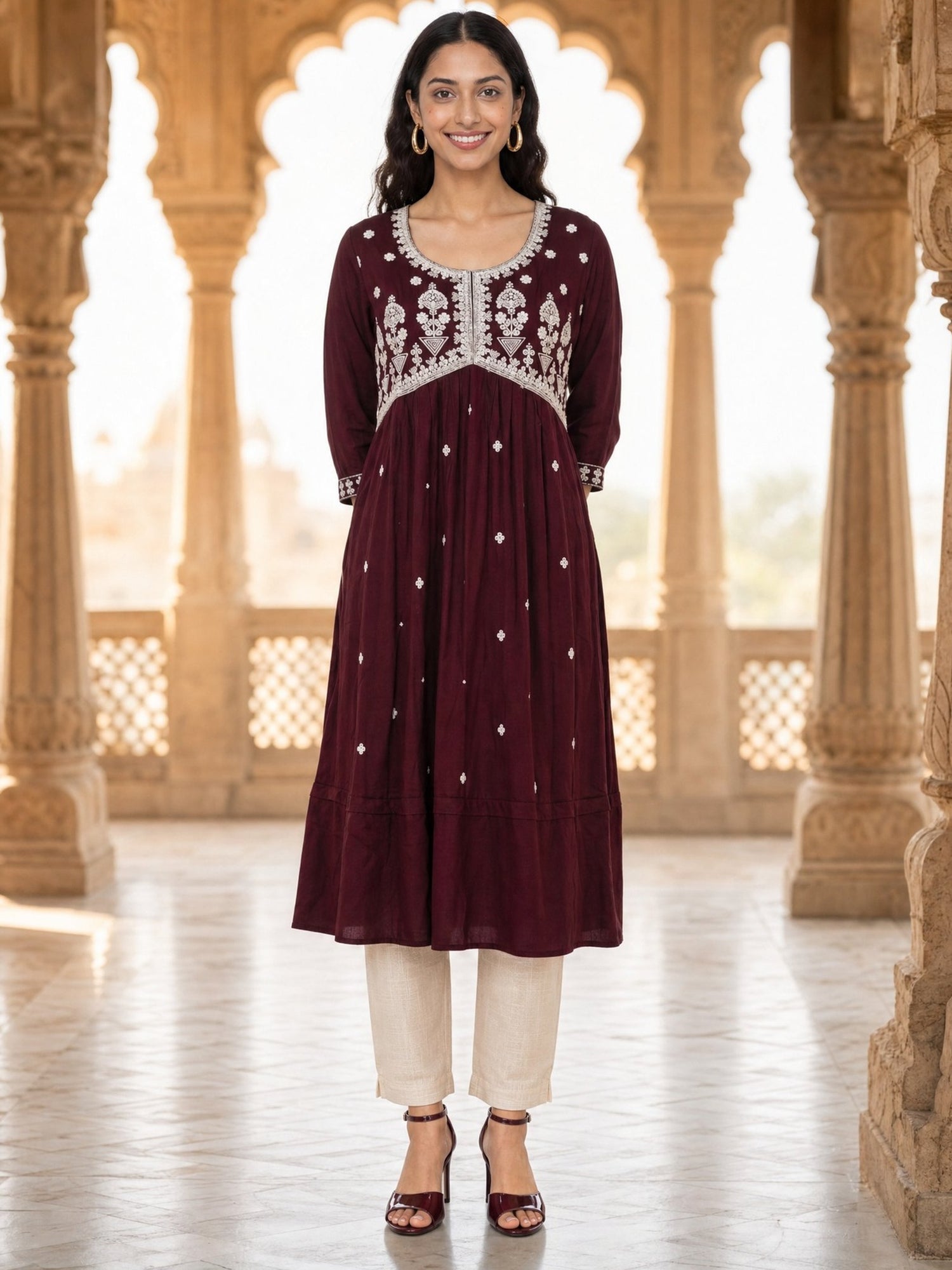 Buy Viscose Embroidered Flared Calf Length Kurta-Maroon