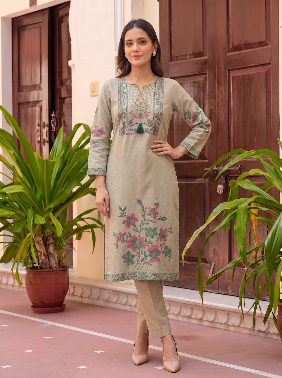 Buy Cotton Embroidered Straight Calf Length Kurta-Green