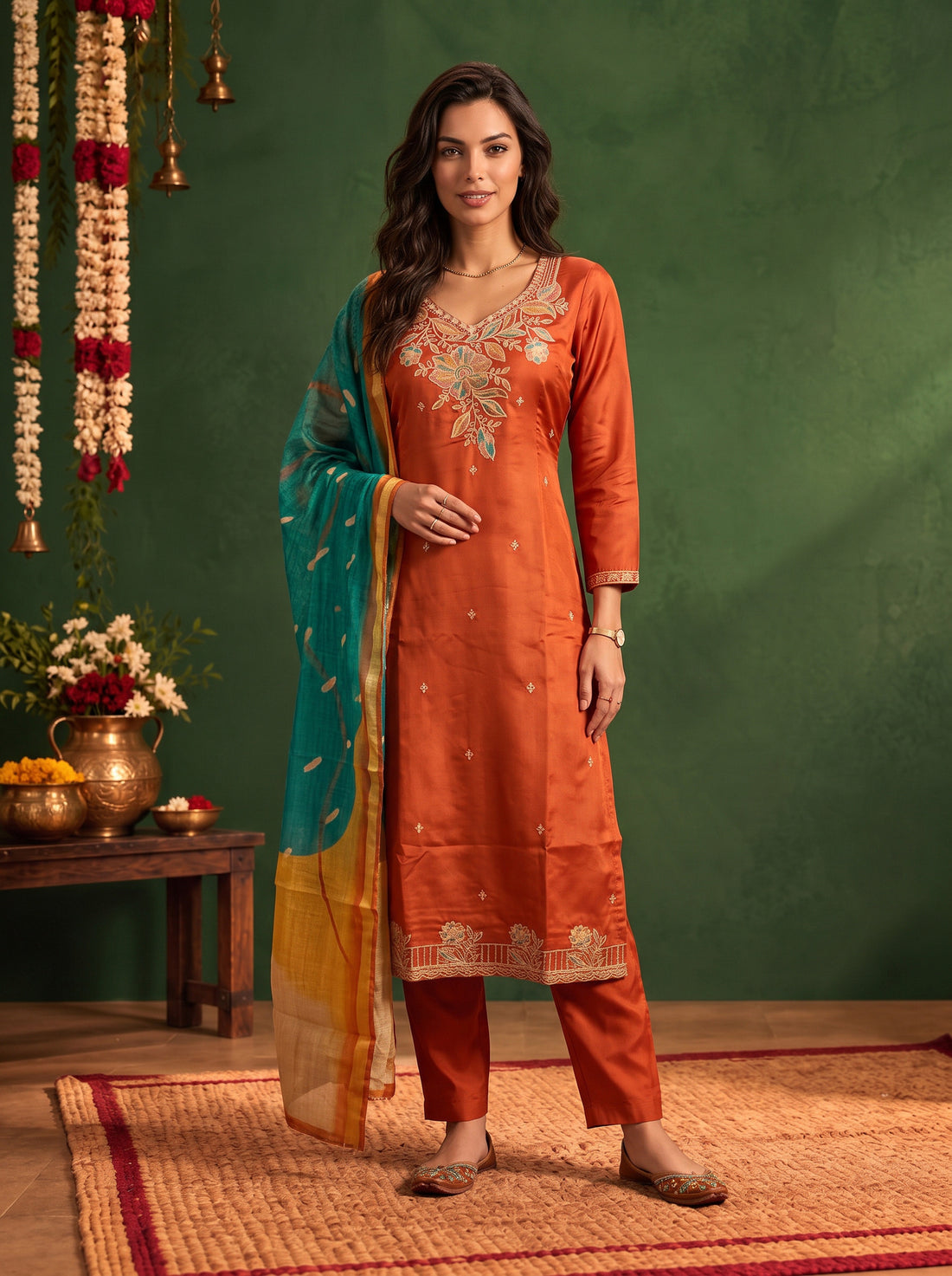 Buy Viscose Embroidered Straight Calf Length Kurta With Pant and Dupatta-Rust