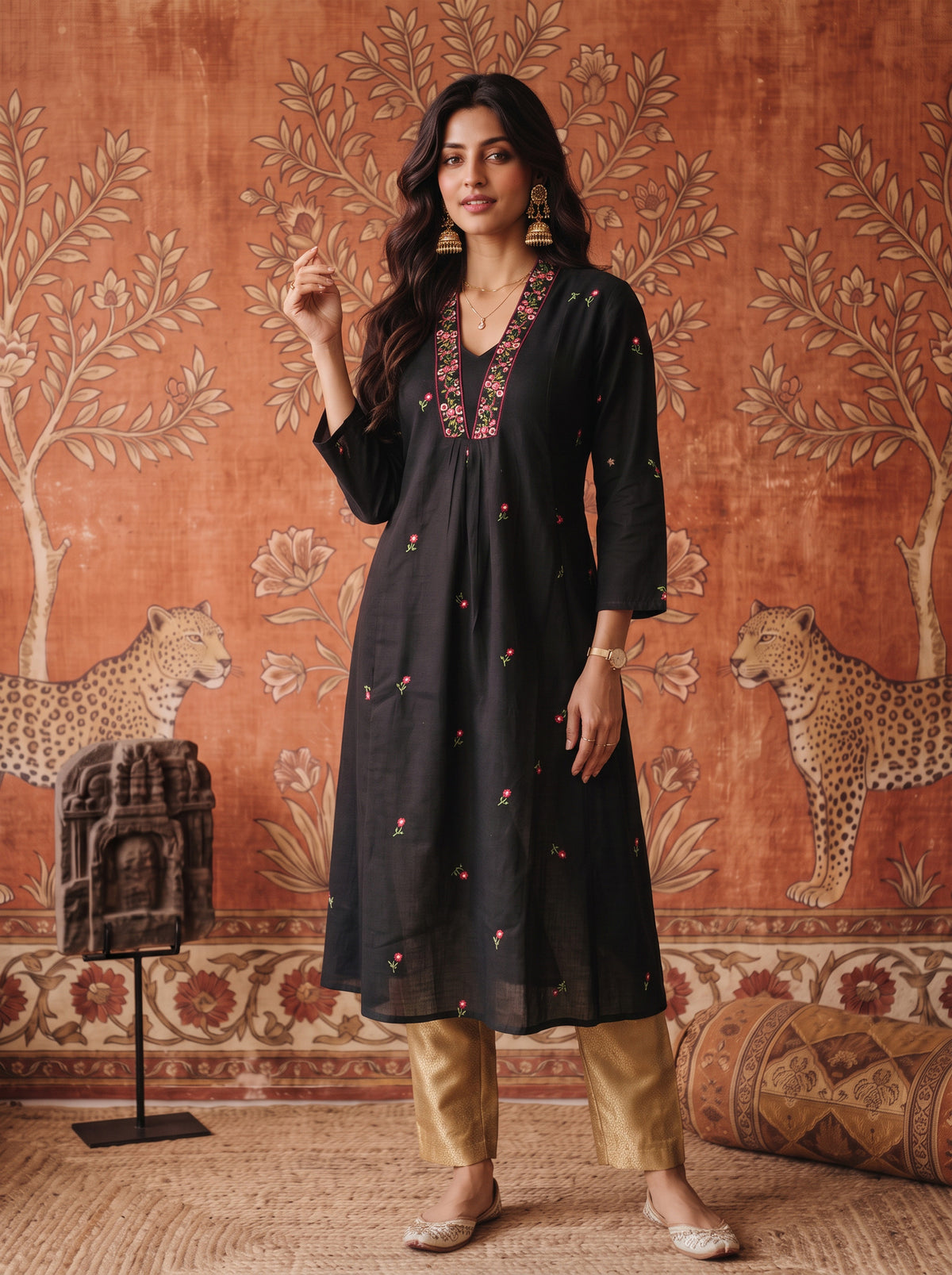 Buy Cotton Embroidered Flared Calf Length Kurta-Black