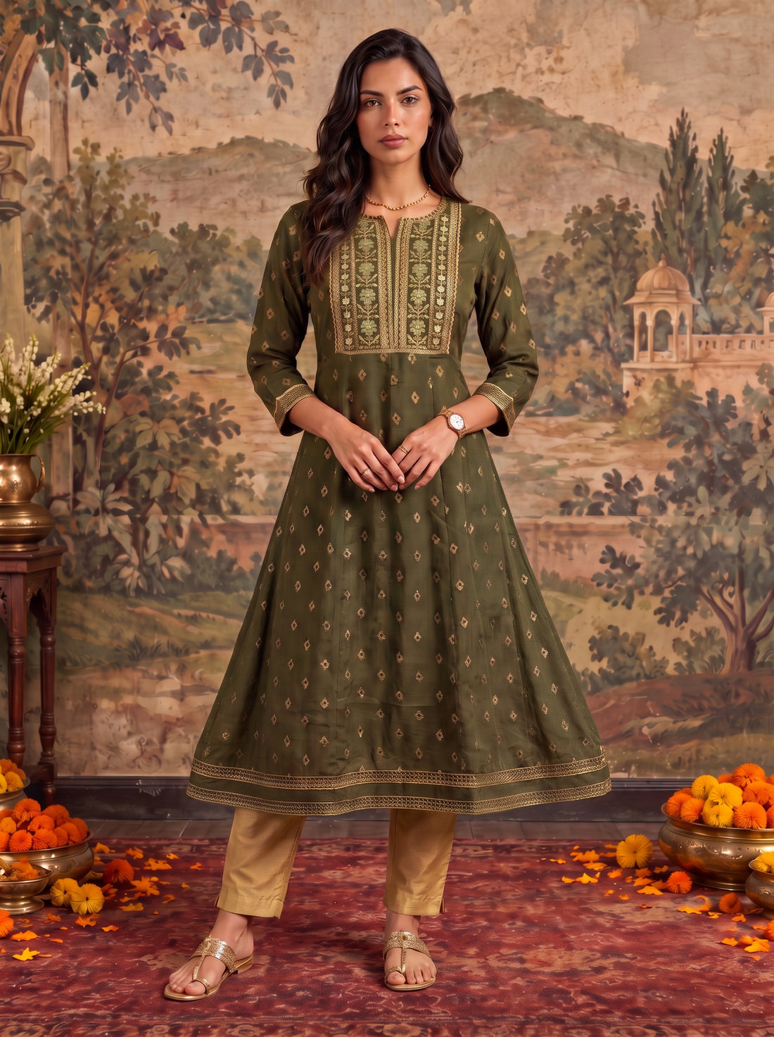 Buy Rayon Embroidered Flared Calf Length Kurta-Green