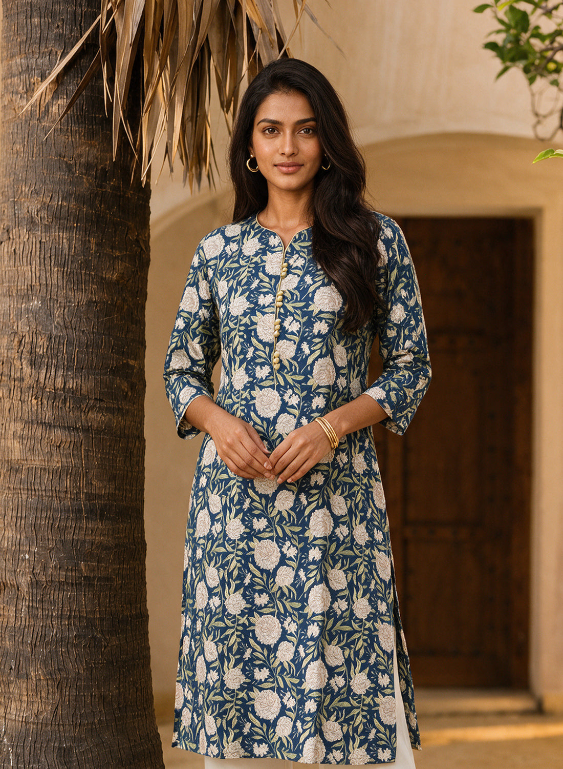 Buy Cotton Printed Straight Knee Length Kurta-Blue