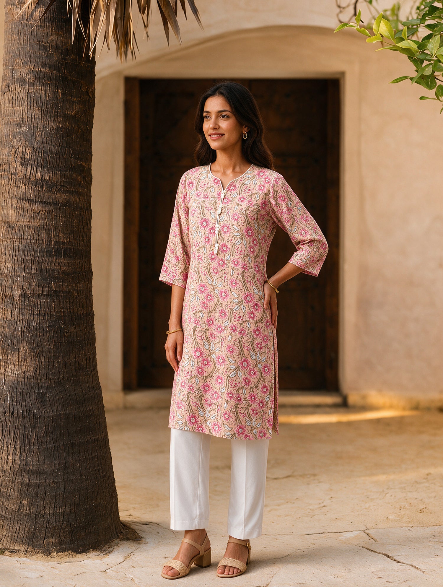 Buy Cotton Printed Straight Knee Length Kurta-Beige