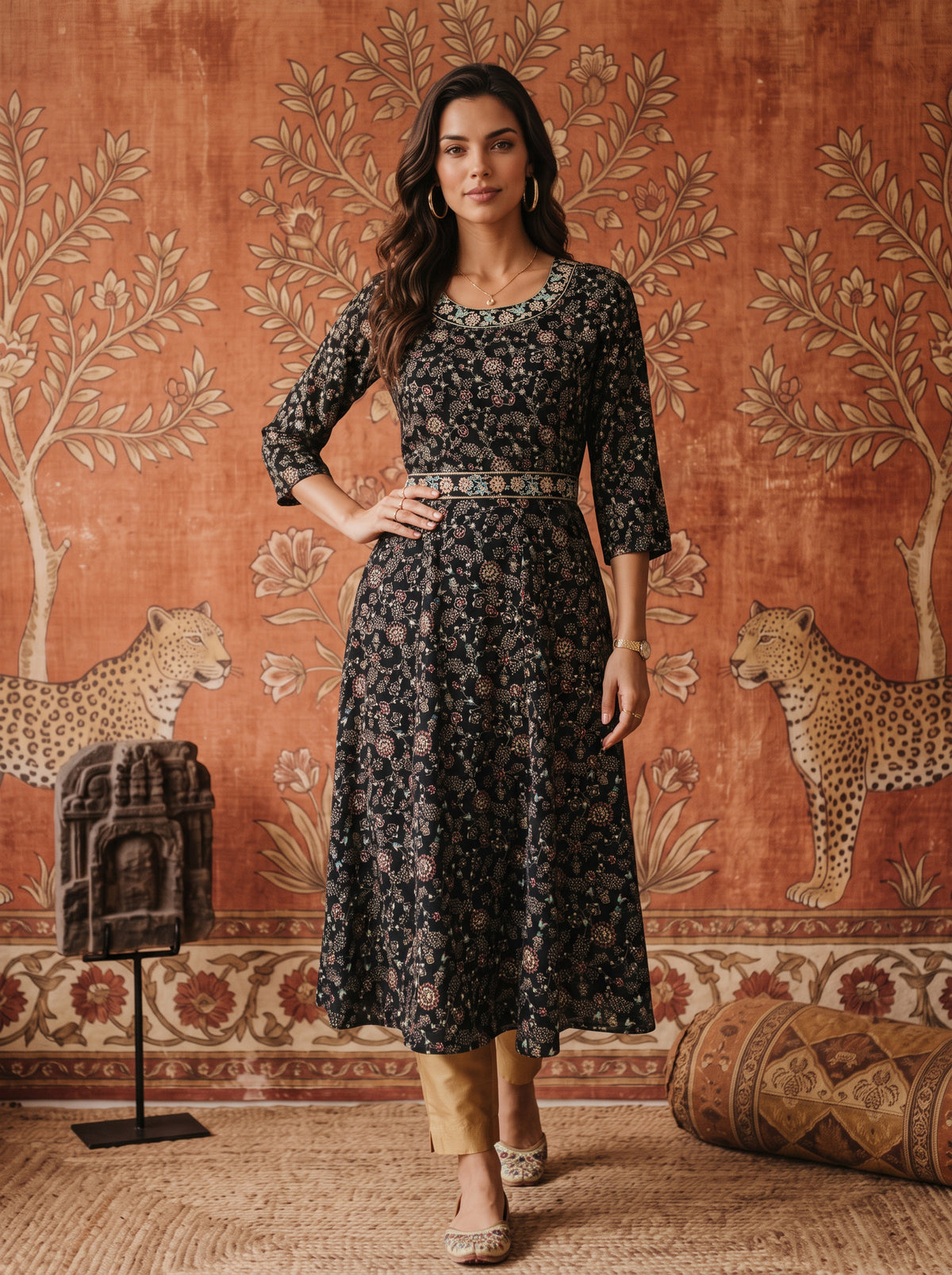 Rayon Embroidered Flared Calf Length Kurta