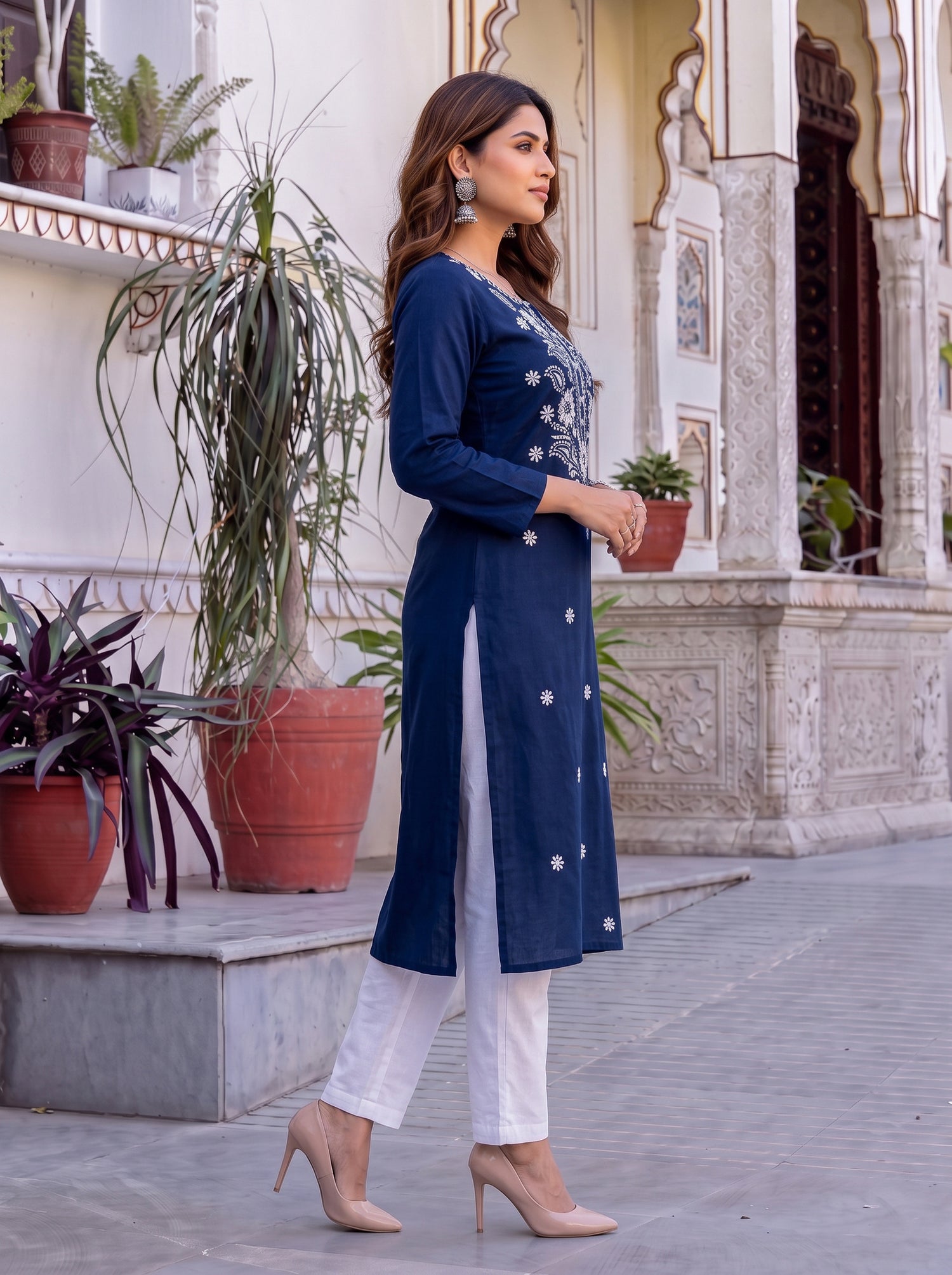 Buy Rayon Embroidered Straight Calf Length Kurta-Navy
