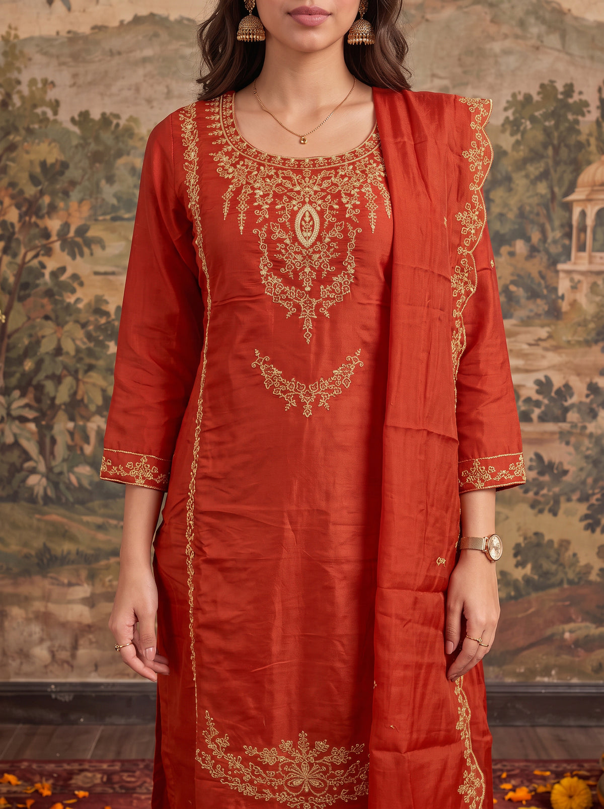 Chanderi Embroidered Straight Calf Length Kurta With Pant and Dupatta