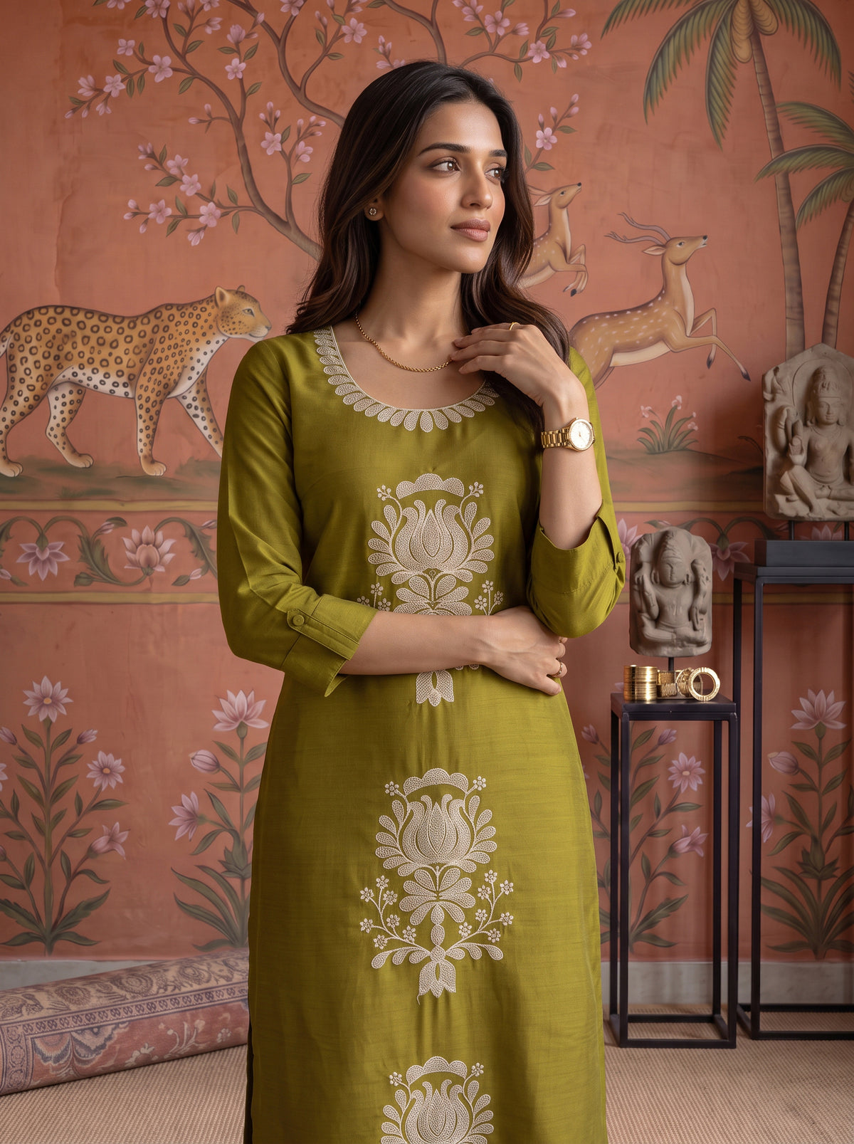 Viscose Embroidered Straight Calf Length Kurta With Pant and Dupatta